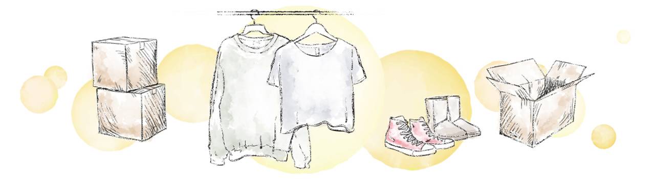 Illustrasjon av klær og sko i en garderobe. Ved siden av står flere pappesker. Gule bobler som bakgrunn.
