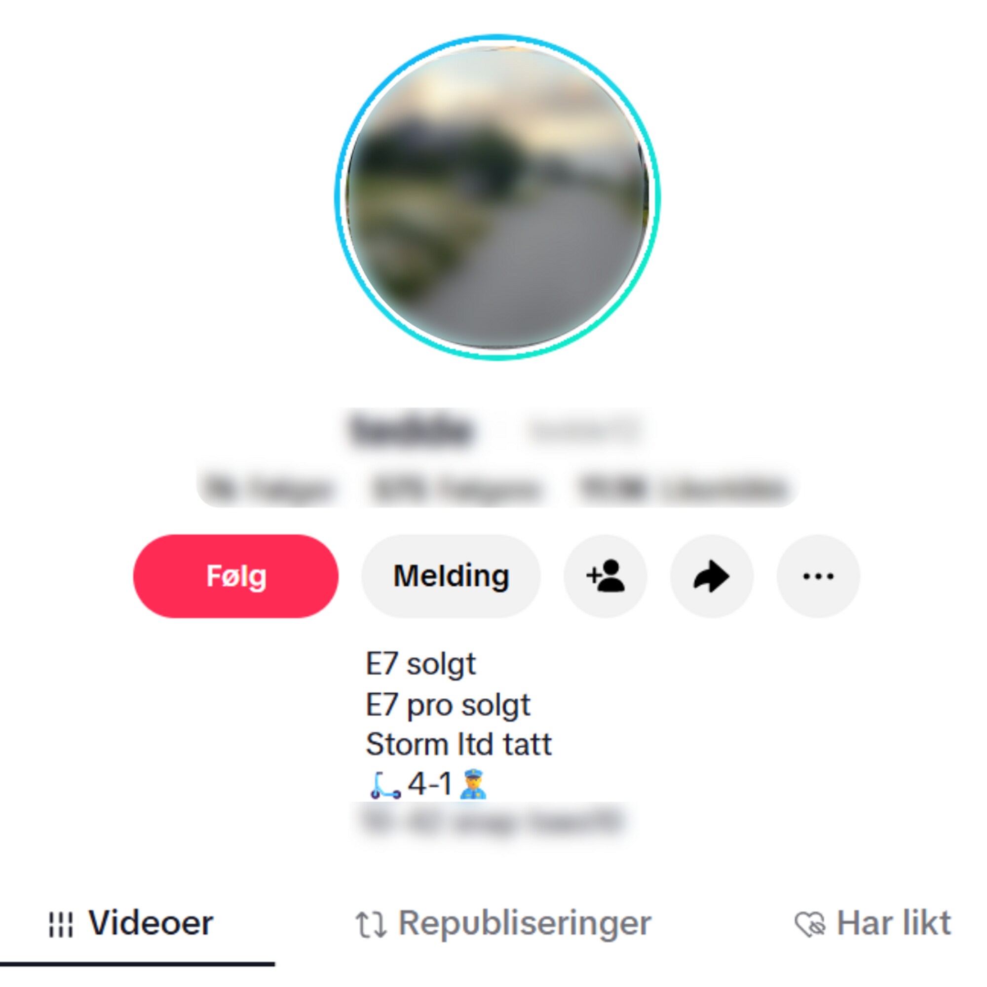 Skjermbilde av en TikTok-profil med tekst om salg av elsparkesykler og politikonfrontasjoner. (Bildebeskrivelsen er laget av en KI-tjeneste)