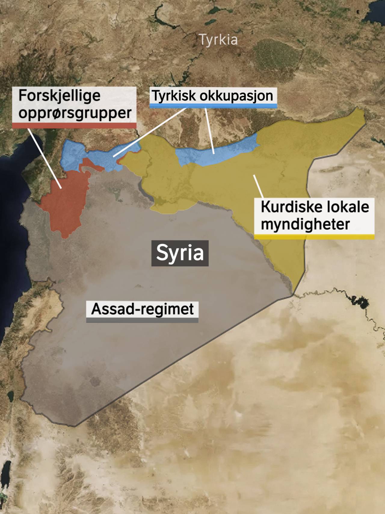 Kart over fraksjonene i Syria. 