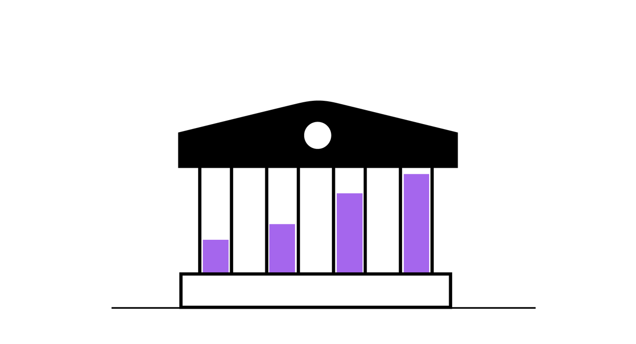 En stilisert bankbygning, der stolpene får om ser ut som stolper med stolpediagram inne i, com vokser.