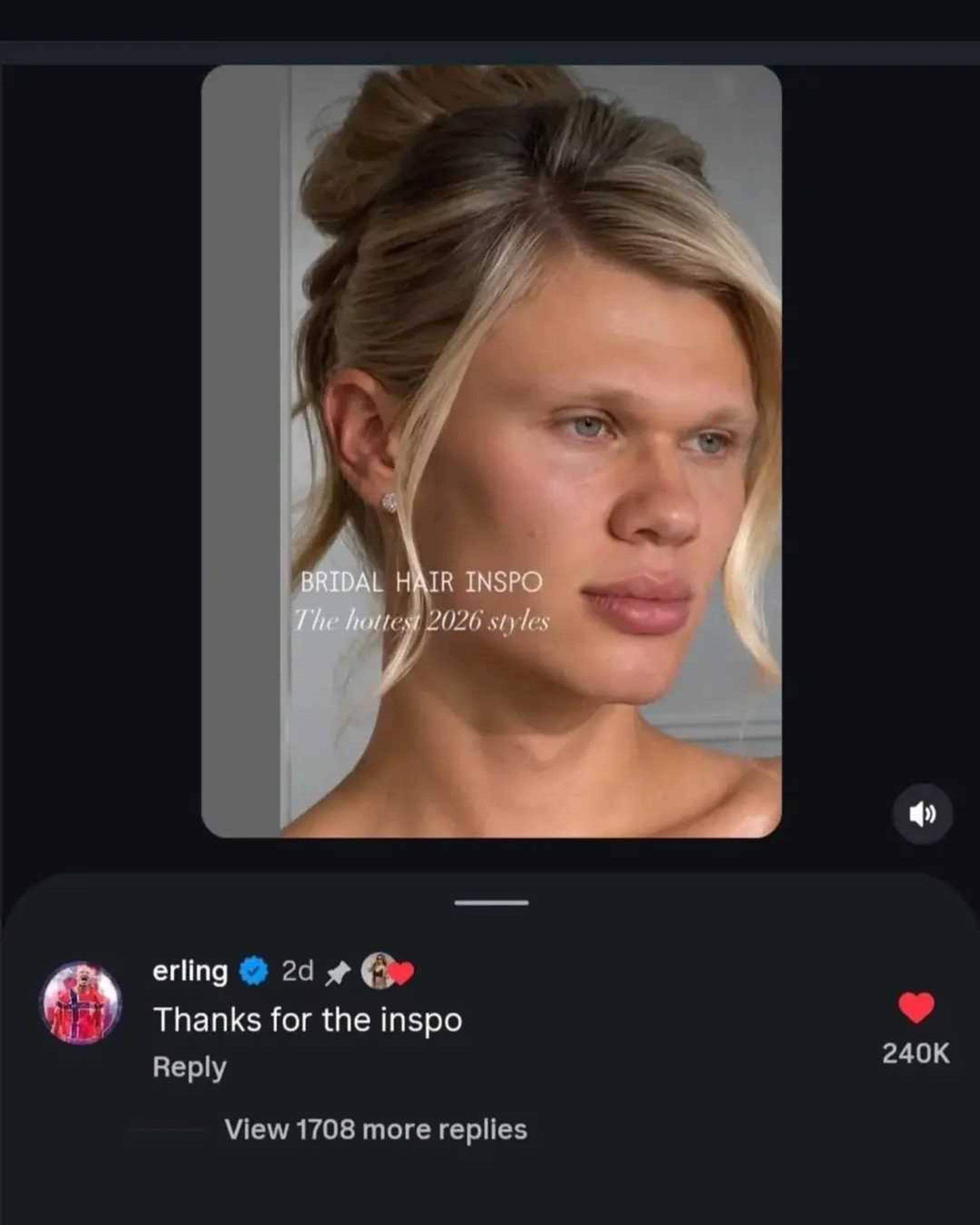 Bilde av at Haaland kommenterer på en Instagrampost