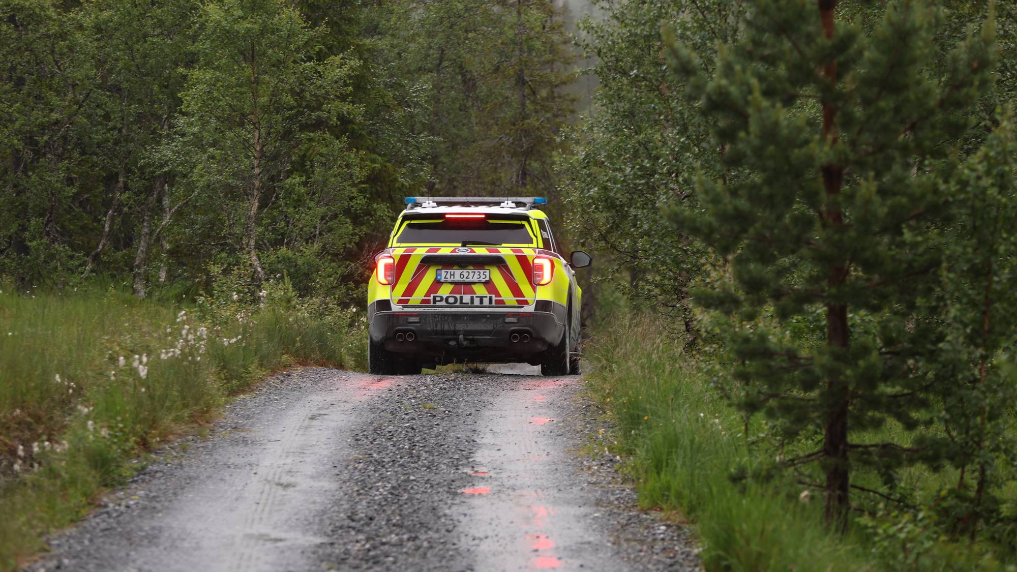 En politibil som kjører nedover en vei 