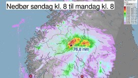 Nedbør søndag klokka 8 24 juli - Foto: Grafikk Meteorologisk institutt