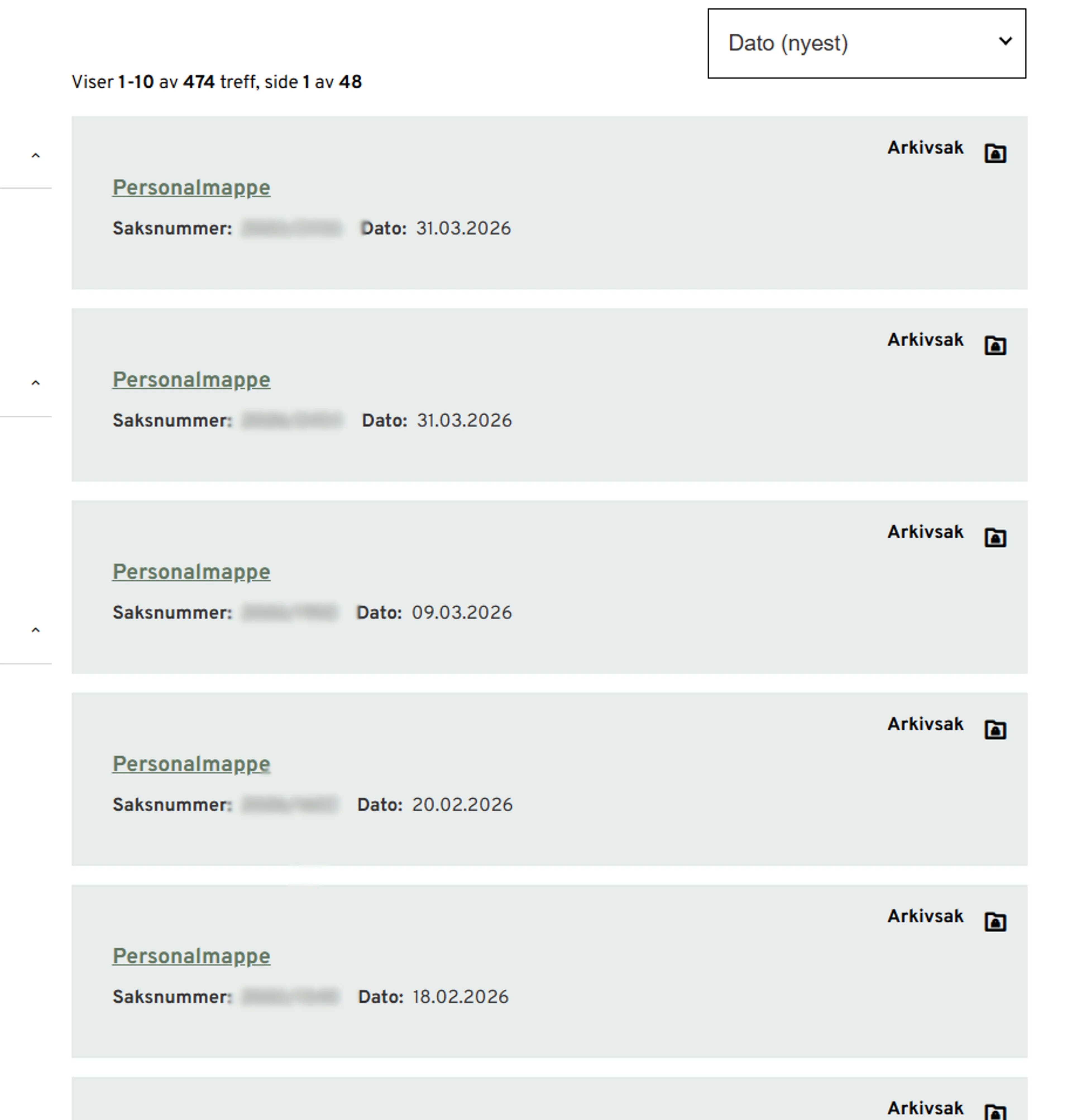 Skjermbilde av søk på personalmappe  i sametingets postliste.