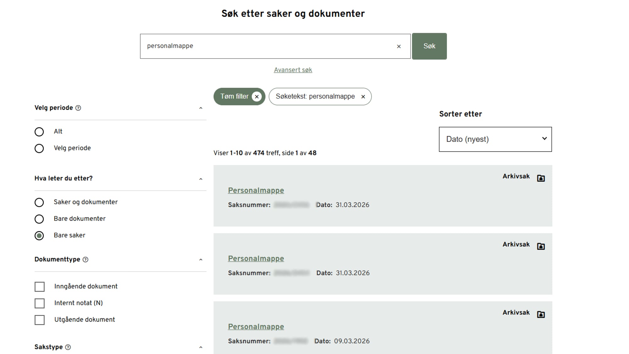 Skjermbilde av søk på personalmappe i sametingets postliste. 
