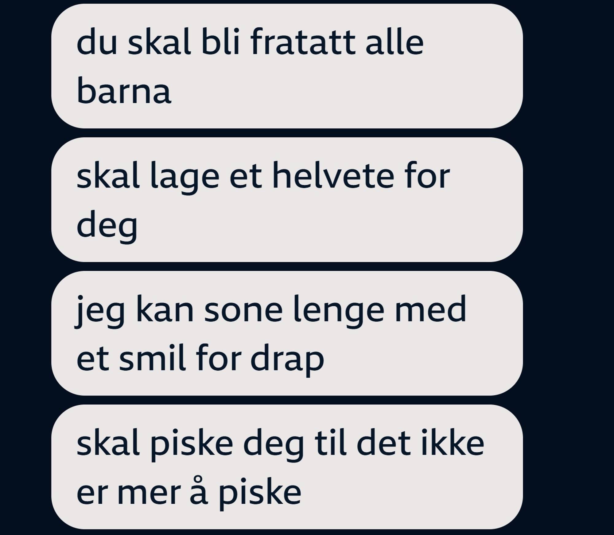 Utdrag fra meldinger sendt av mann tiltalt for alvorlig personforfølgelse, plassert i et meldingsformat