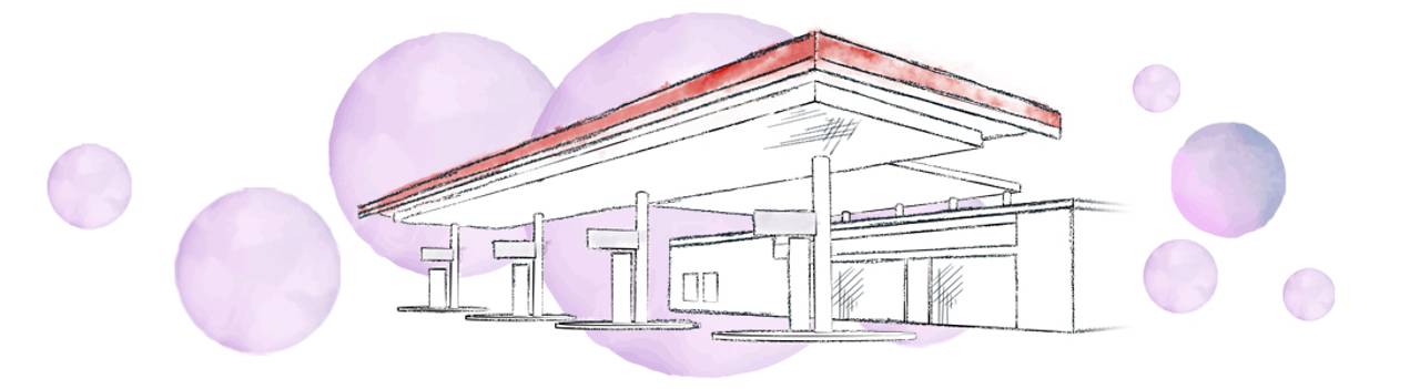 Illustrazione di una stazione di servizio con bolle viola come sfondo.