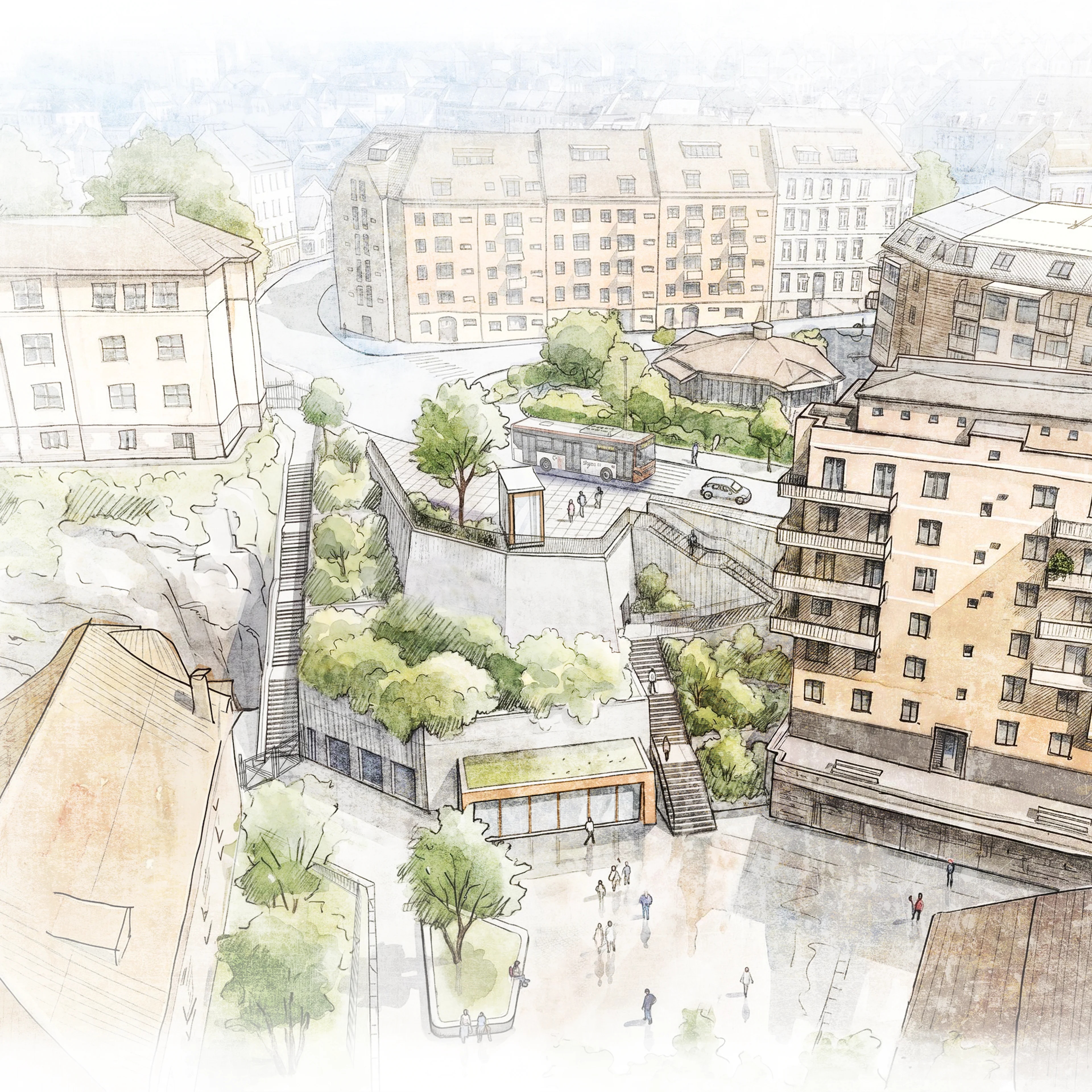 Illustrasjonsteikning av planlagd bybanetrase frå Bergen sentrum til Åsane bydel: Sandbrogaten ved Dr. Wiesner