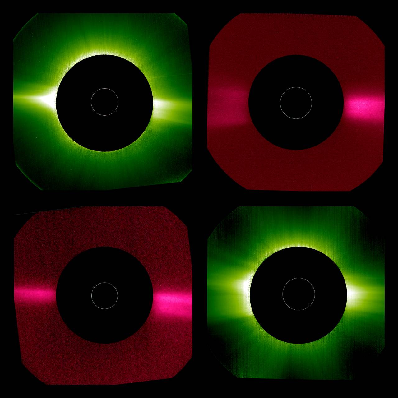 Her blokkeres det blendende lyset fra sol-overflaten, slik at den svakere ytre atmosfæren til sola, koronaen, kan sees.