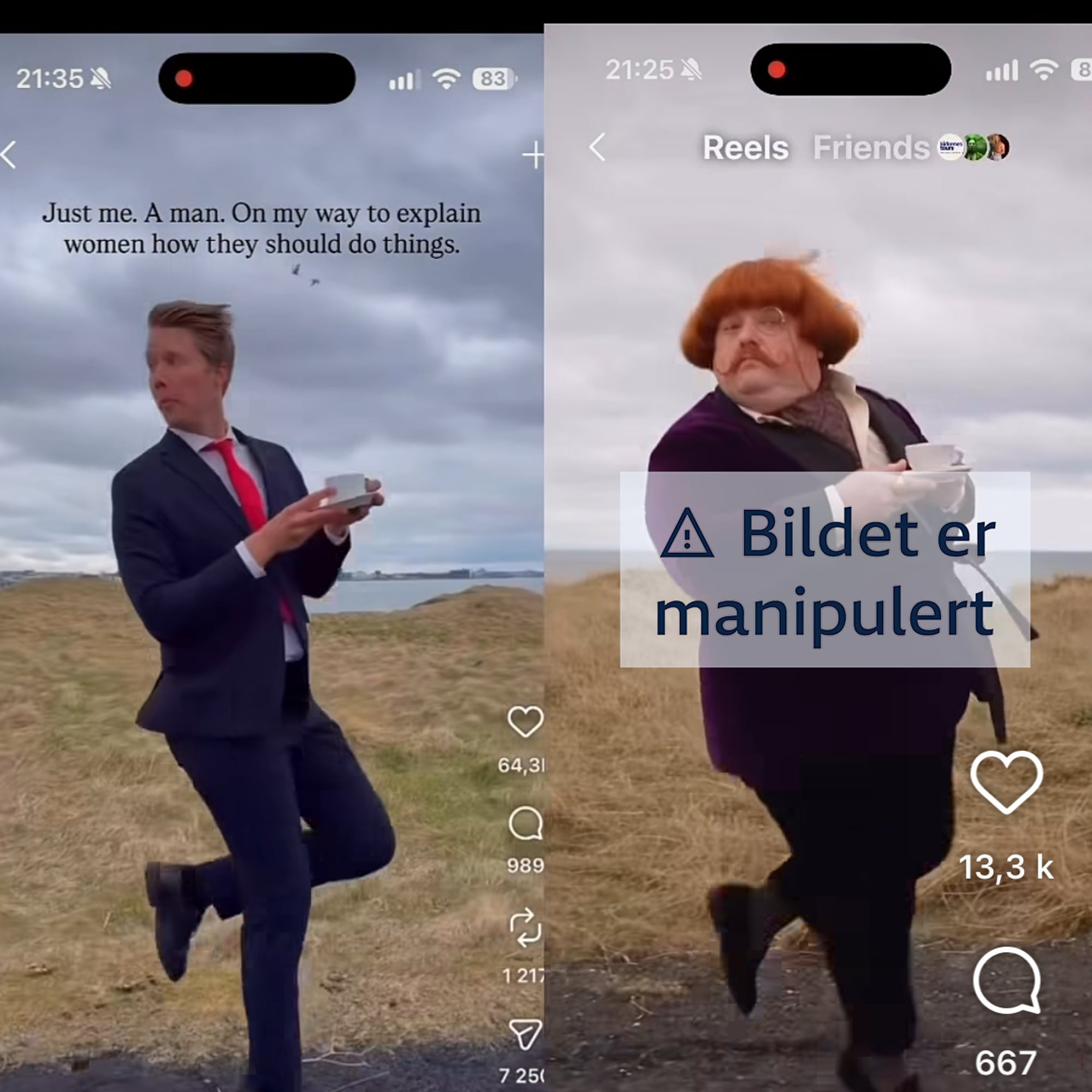 Danseinfluenser Kjetil Krogstad og en KI-generert kopivideo. 