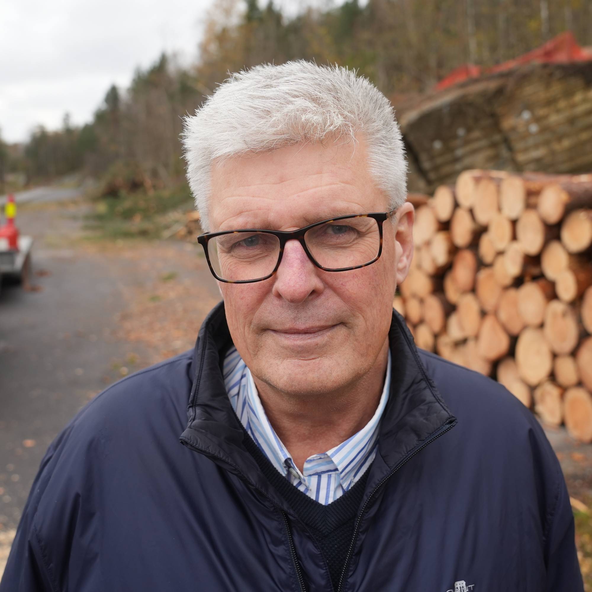 en mann som står foran en haug med kuttede tømmerstokker