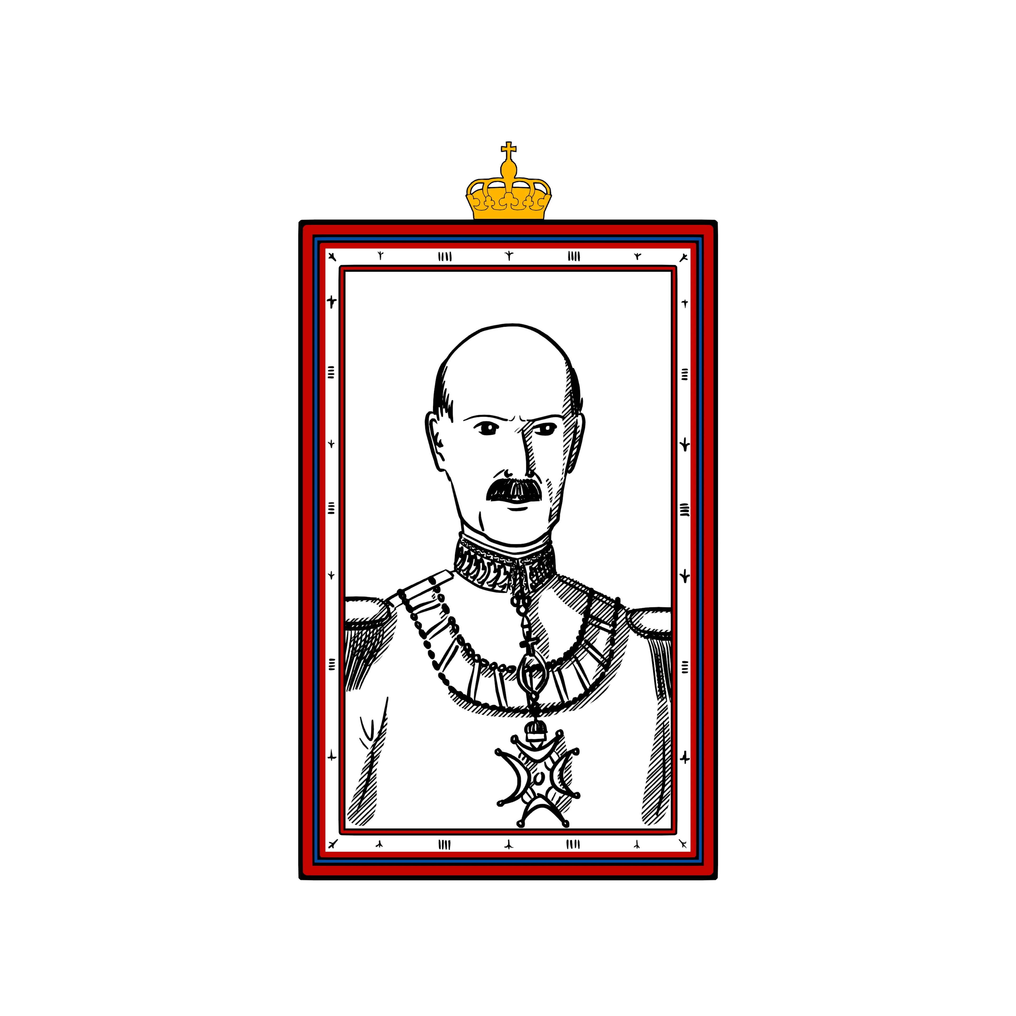 Illustrasjon av en eldre skallet konge med bart, smykker, bragder og epåletter.