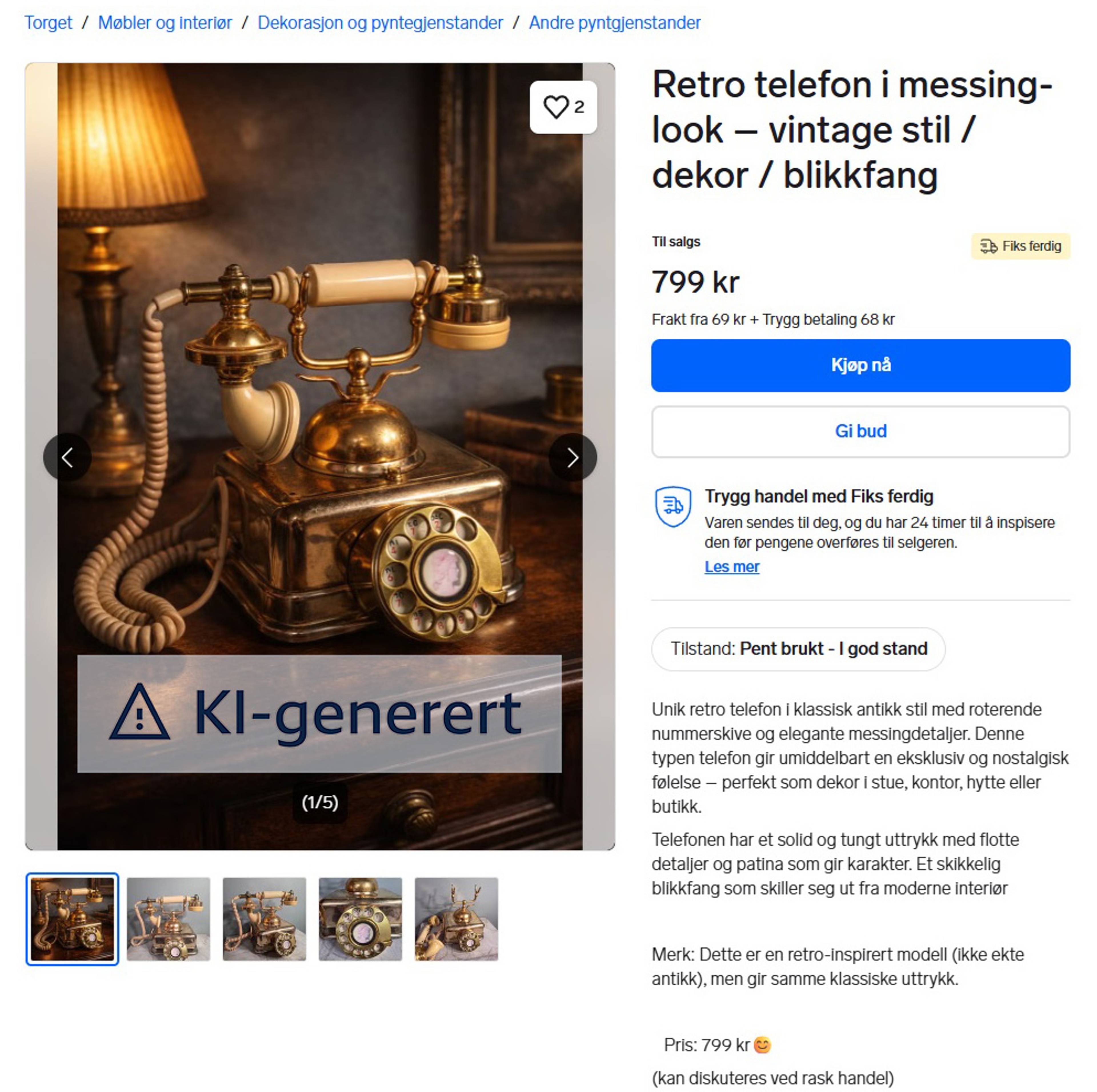 Annonse på Finn.no med KI-bilde. merket
