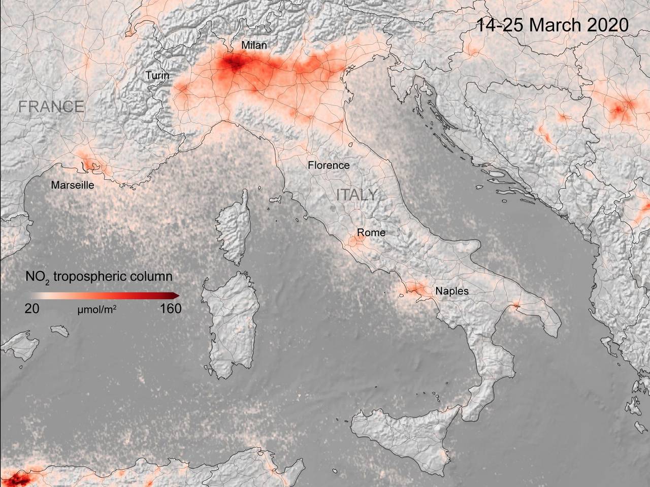 Kart fra ESA som viser konsentrasjonen av NOx-gasser i Italia i perioden 14.-25. mars 2020. 