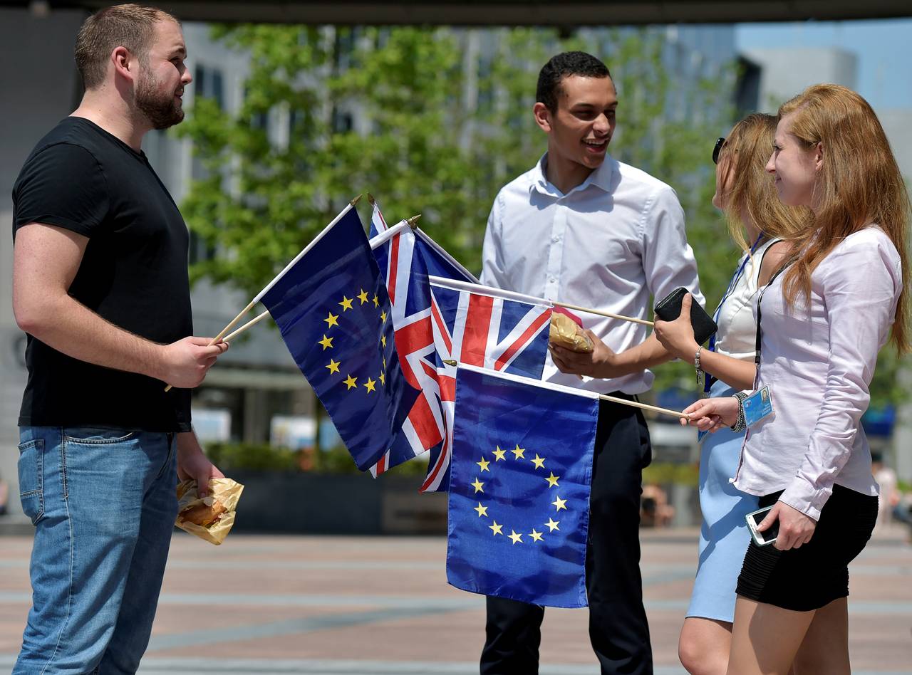 Studenter med EU- og britiske flagg