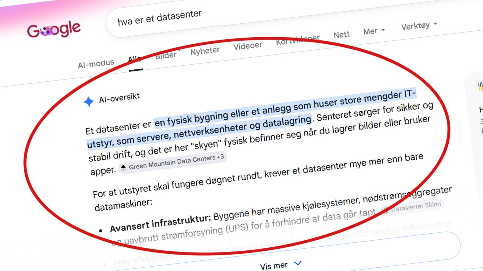 Skjermdump av Google-søket "hva er et datasenter", med KI-oppsummering