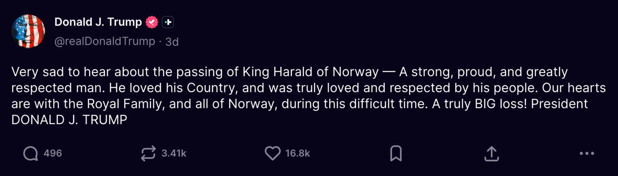 Faksimile av Donald Trump sin kondolanse på Truth Social