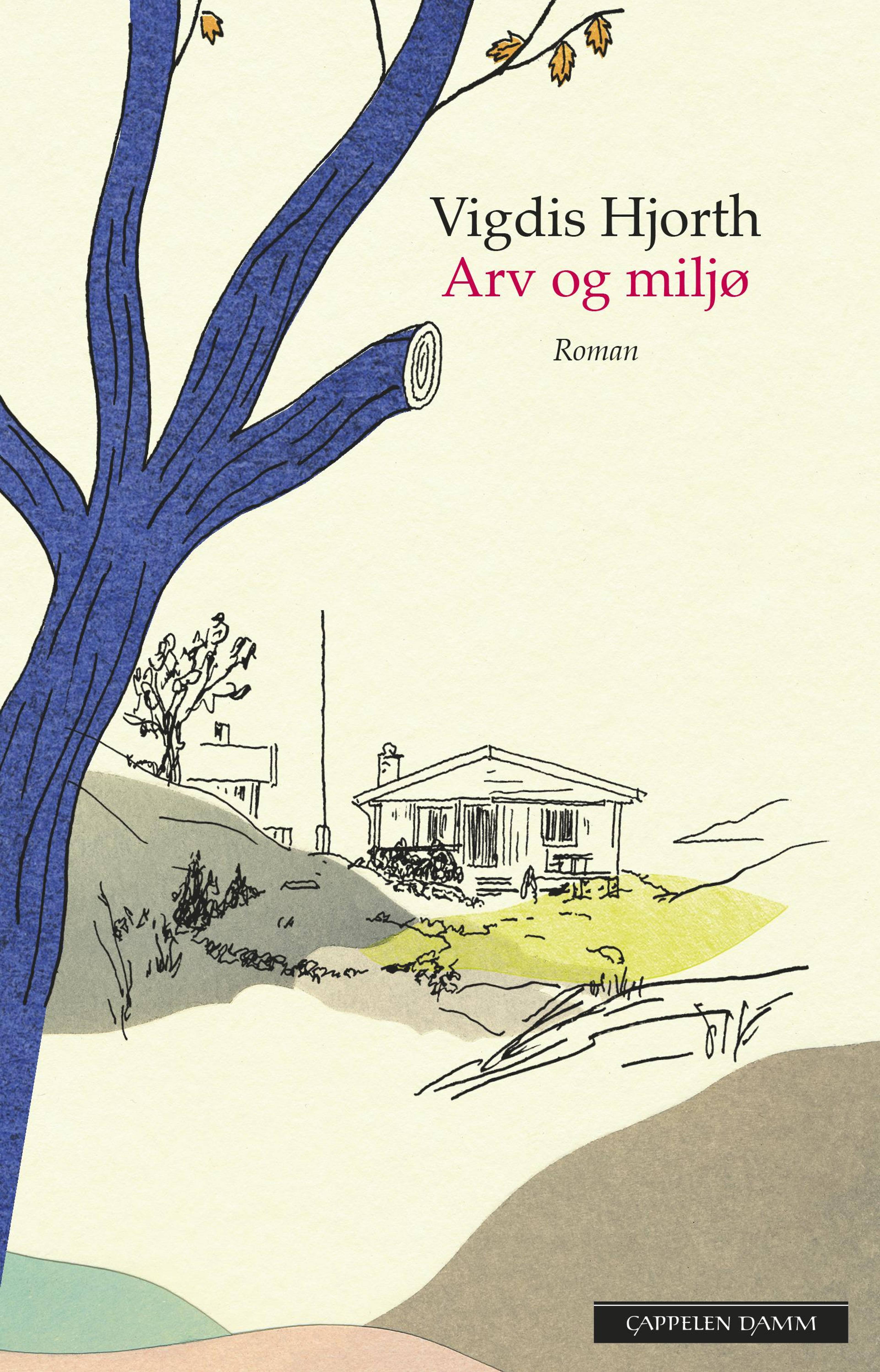 Boken "Arv og miljø" av Vigdis Hjorth. Illustrasjonen viser et hus, et tre og en bakke. Forlaget Cappelen Damm. (Bildebeskrivelsen er laget av en KI-tjeneste)