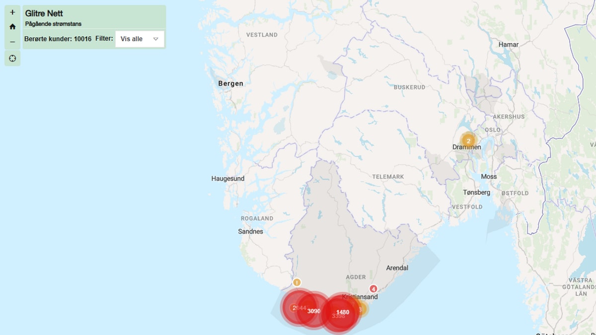Over 10.000 strømløse på Sørlandet