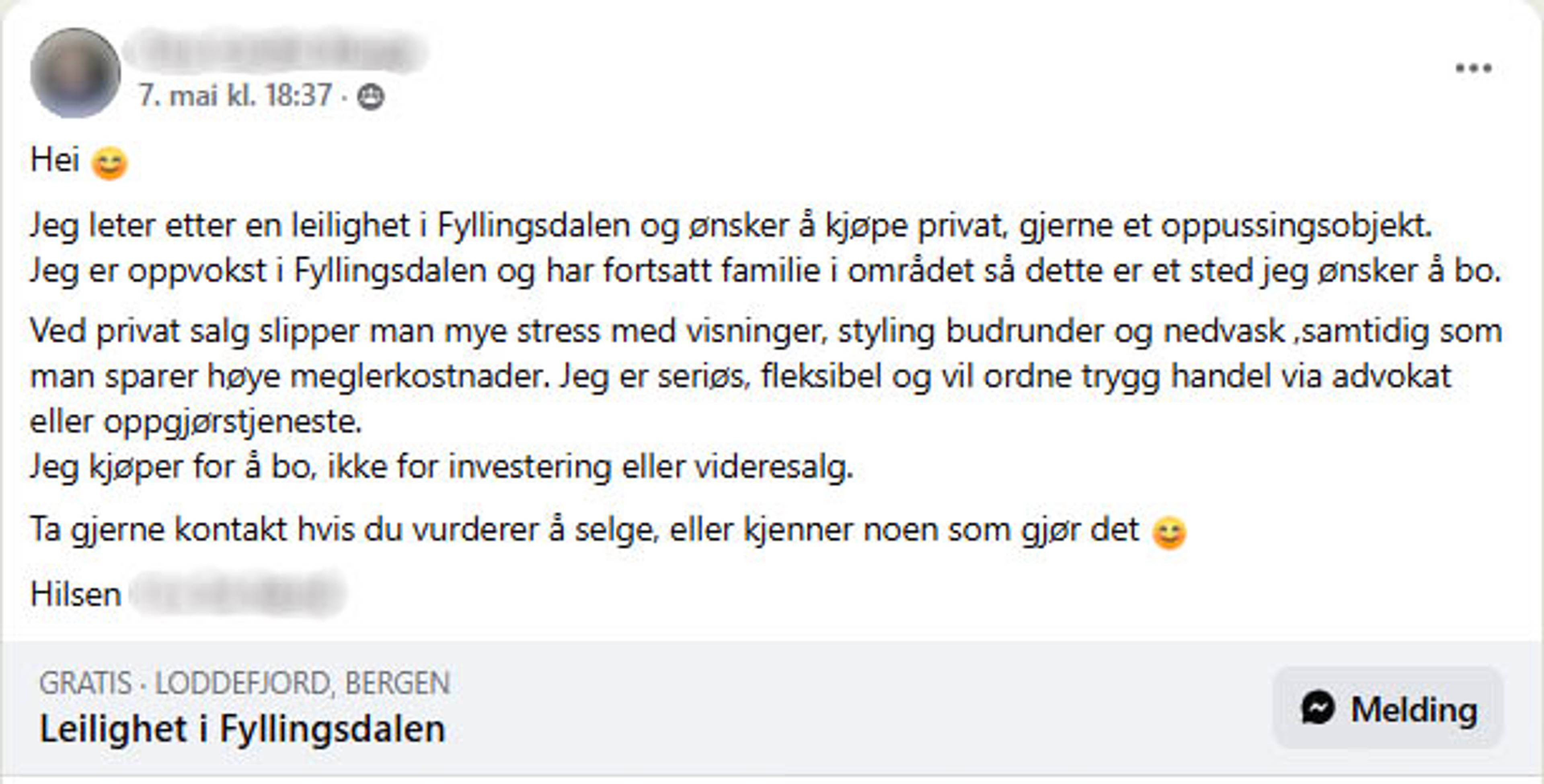Person søker leilighet i Fyllingsdalen til privat kjøp. Vedkommende ønsker et oppussingsobjekt og vil ordne trygg handel. Personen kjøper for å bo. (Bildebeskrivelsen er laget av en KI-tjeneste)