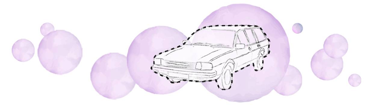 Illustrazione di un'auto con un bordo punteggiato e bolle viola come sfondo.