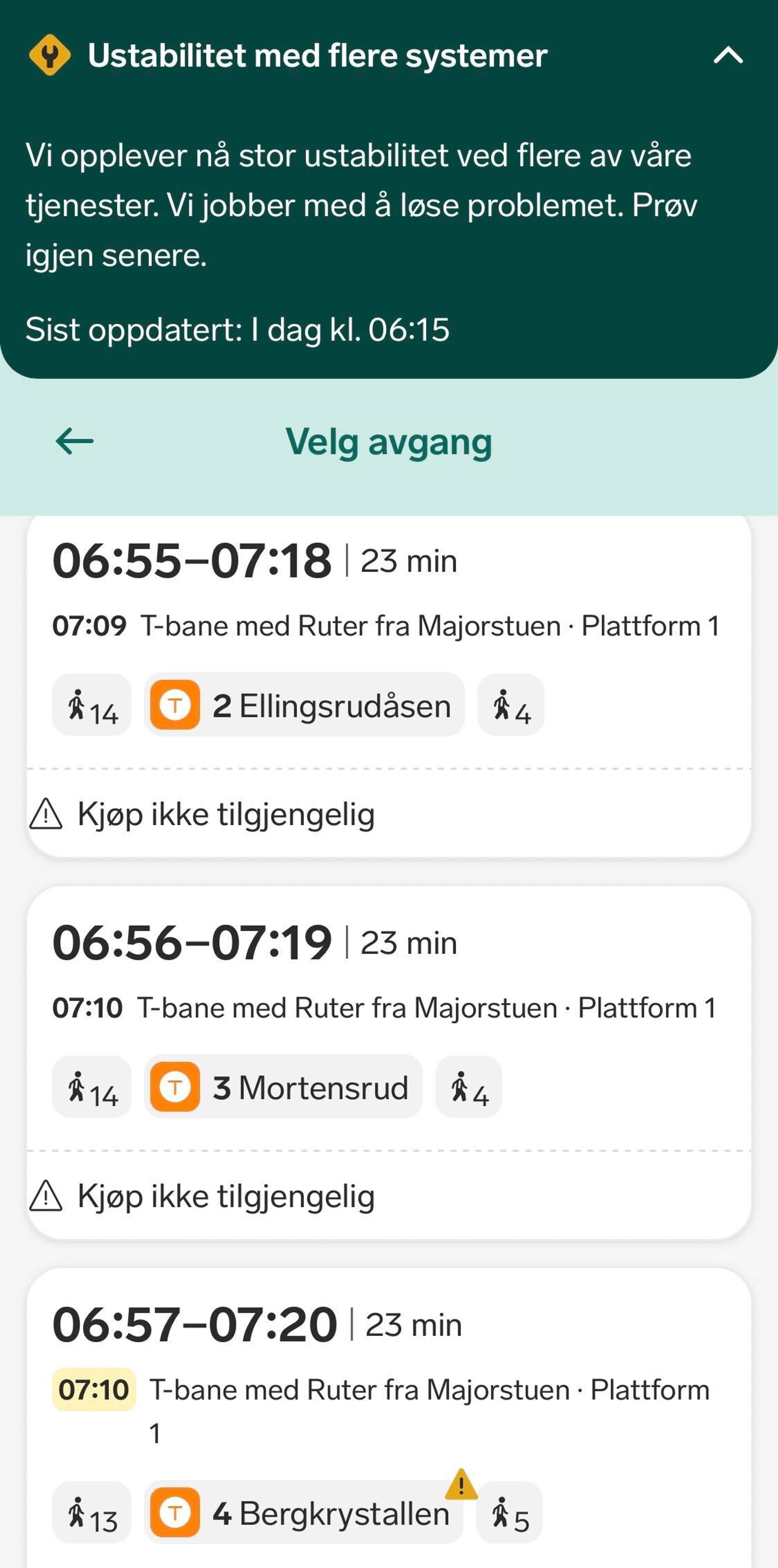 Skjermbilde av appen til Vy som viser at det ikke går an å kjøpe billetter.