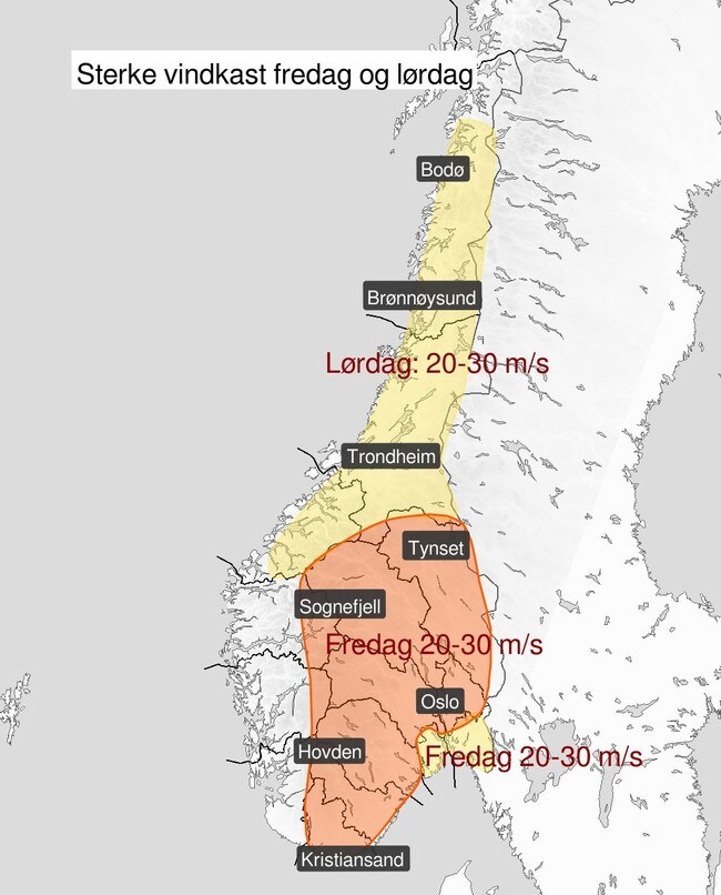 Vindkast i Norge fredag og lørdag