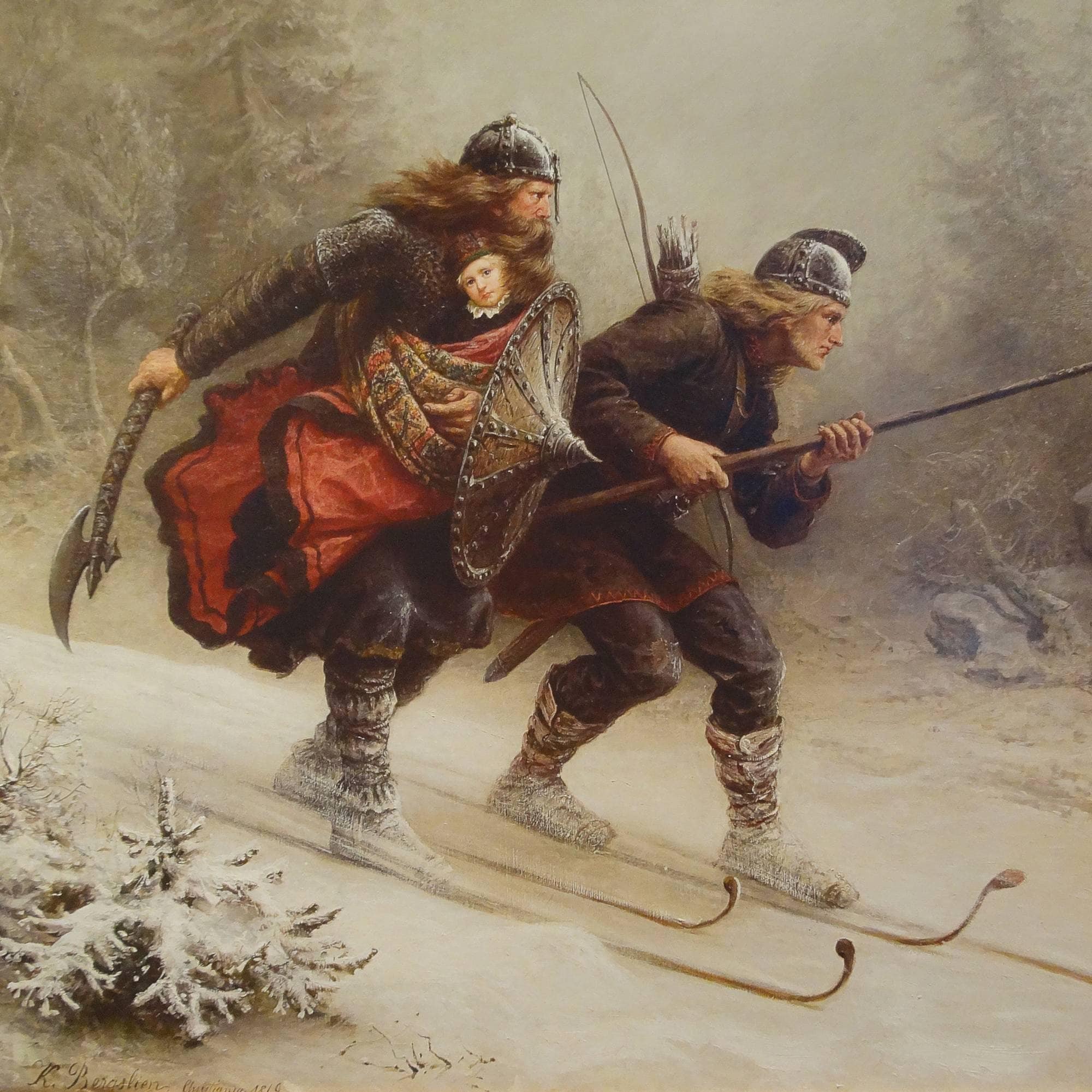 Det berømte maleriet av birkebeinerne på flukt fra baglerne med kongssønnen Håkon Håkonsson.