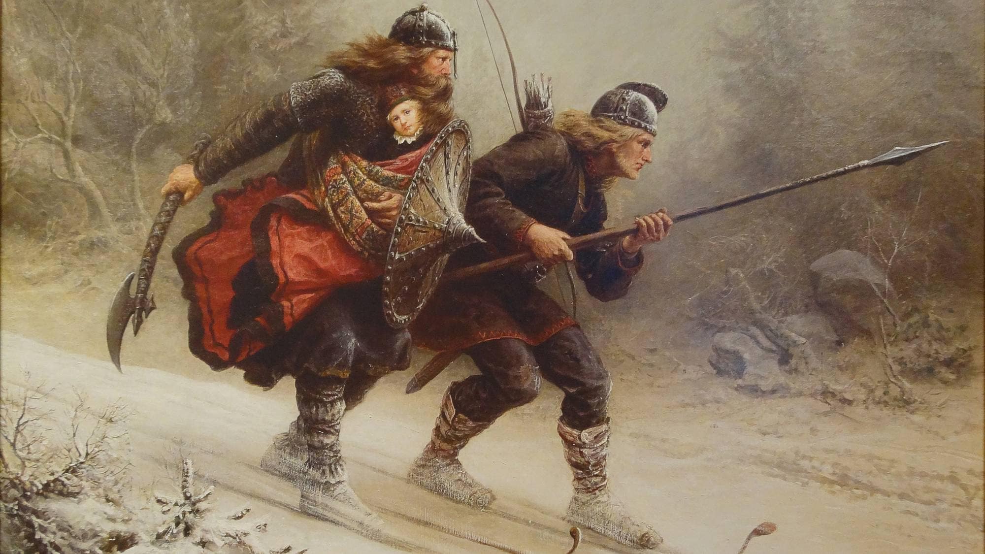 Det berømte maleriet av birkebeinerne på flukt fra baglerne med kongssønnen Håkon Håkonsson.