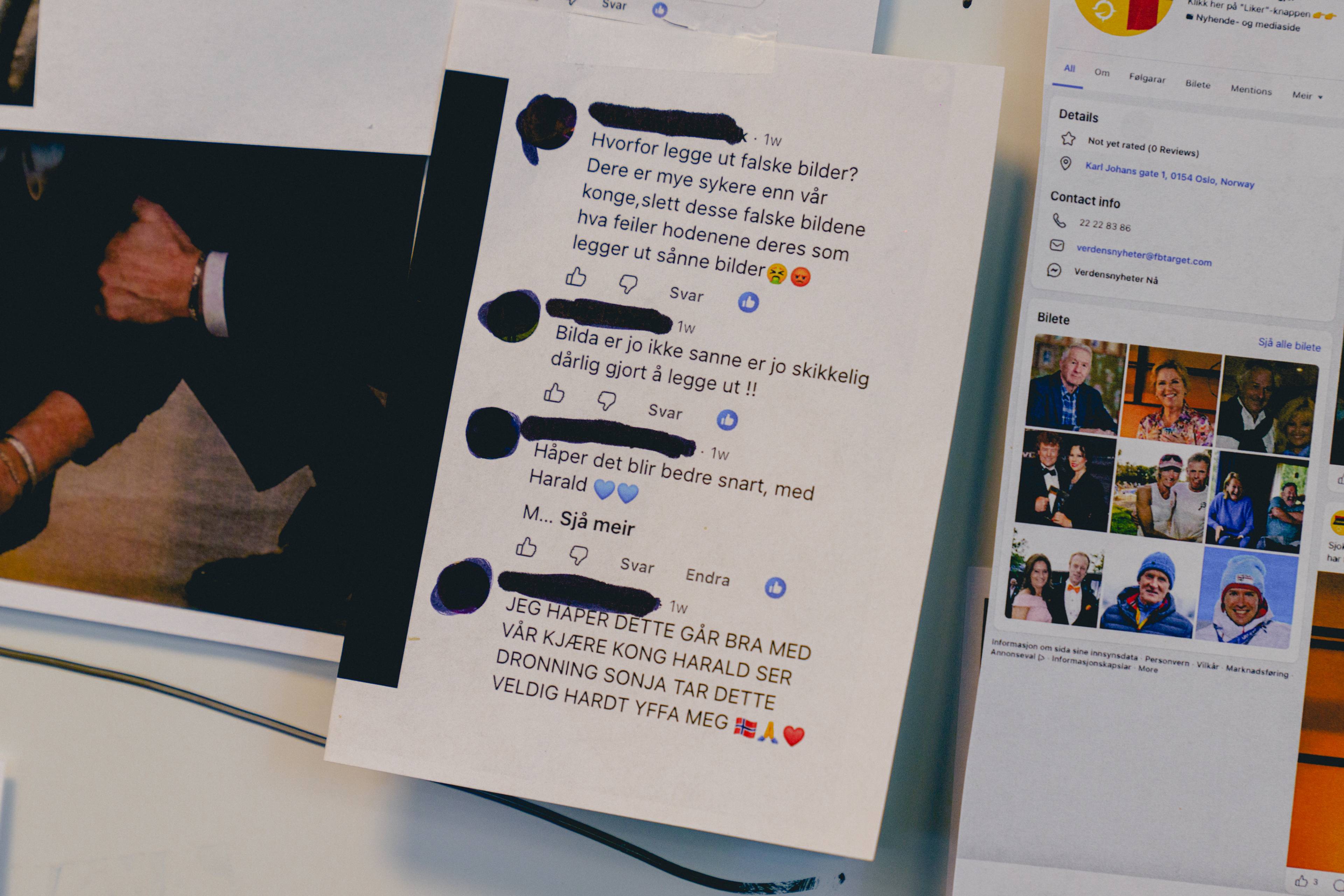 En tavle med utskrifter av innlegg publisert på Facebook. Lapper med "KI-generert" er teipet over flere av bildene som ser ut til å vise kong Harald, kong Haakon, dronning Sonja, og dronning Mette-Marit sterkt preget i det som ser ut som ulike situasjoner