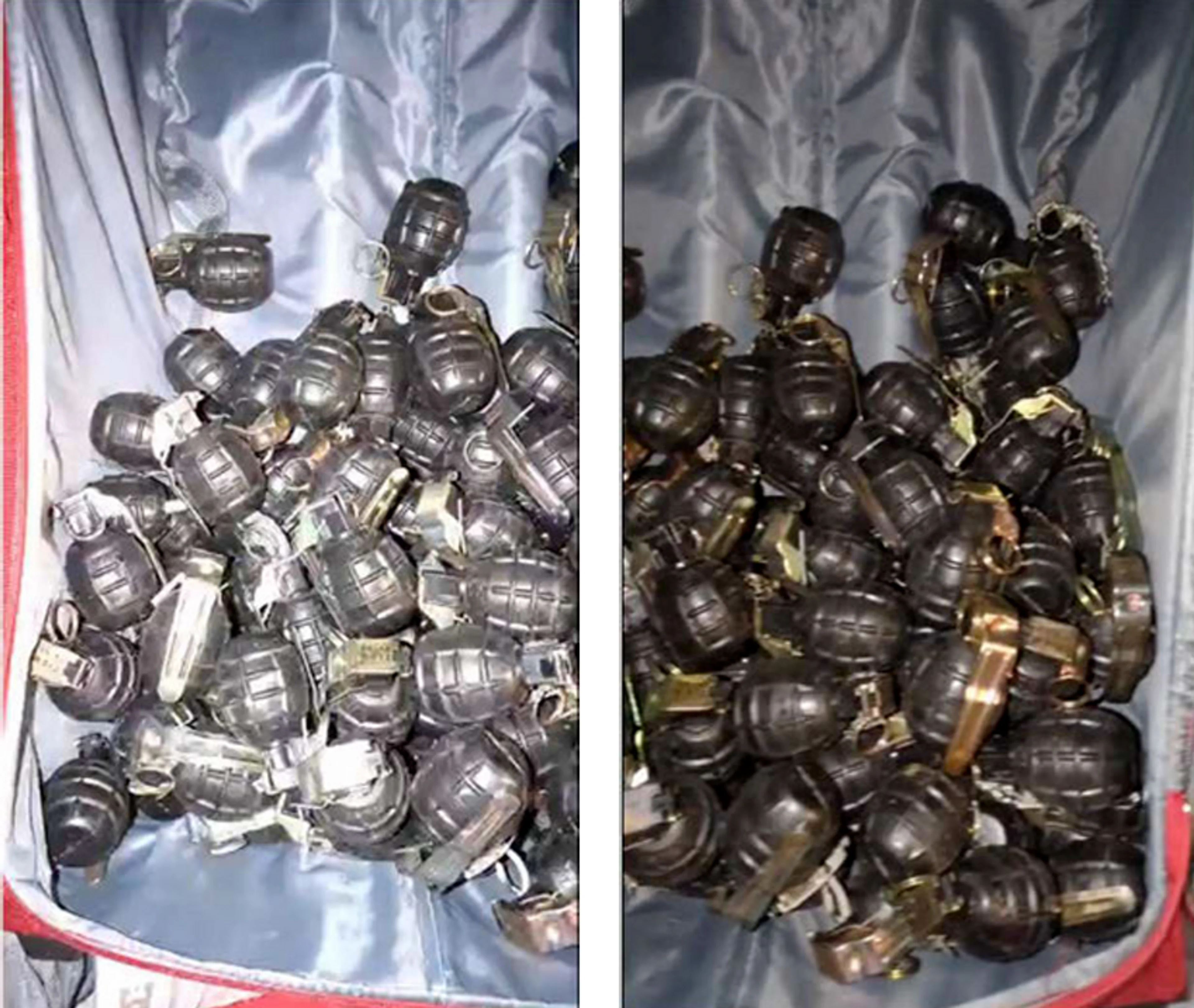 98 håndgranater som ligger i en koffert