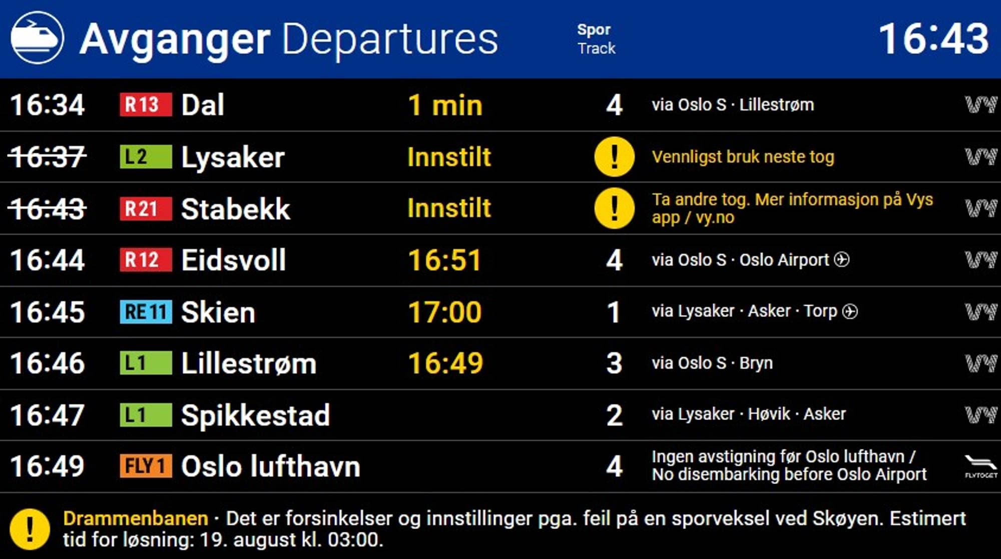 En oversikt over togavganger.