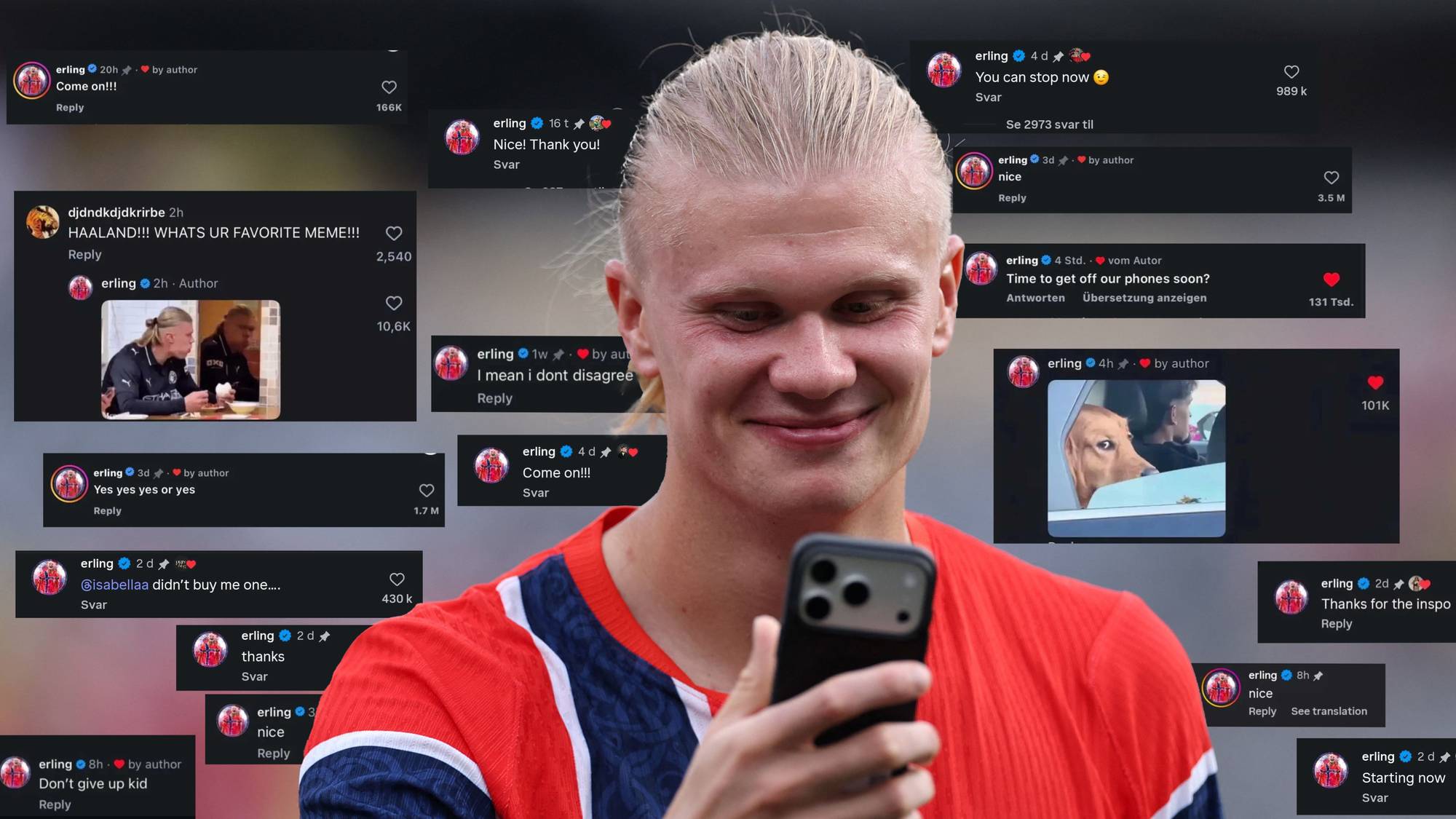 Erling Braut Haaland ser på mobilen og rundt er det en kollasj av Instagramkommentarer han har skrevet