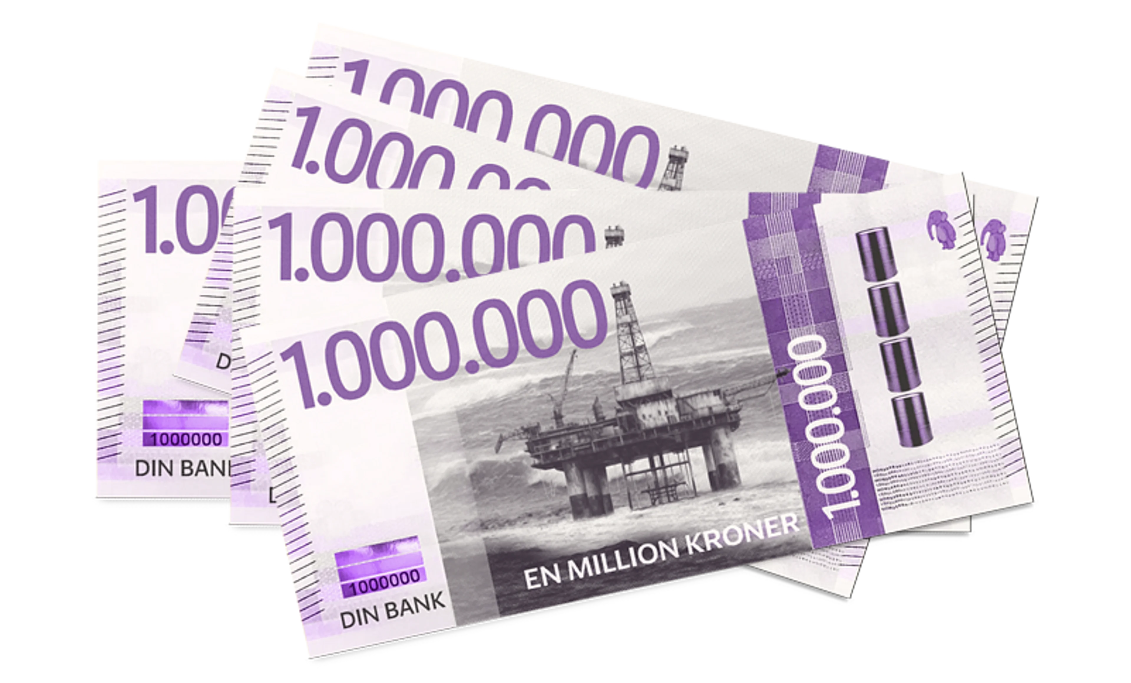 Illustrasjon av mange millionsedler. Det er bilde av en oljerigg og oljetønner på seddelen.