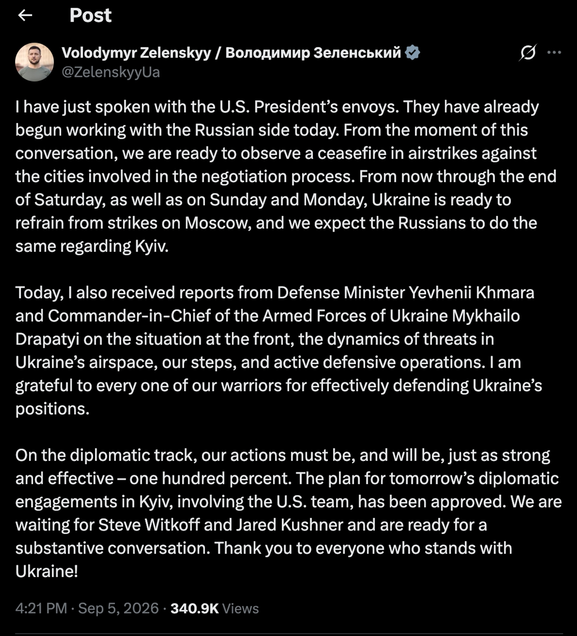 Skjermbilde av en X-post fra Volodymyr Zelenskyy om våpenhvile og diplomatiske samtaler. (Bildebeskrivelsen er laget av en KI-tjeneste)