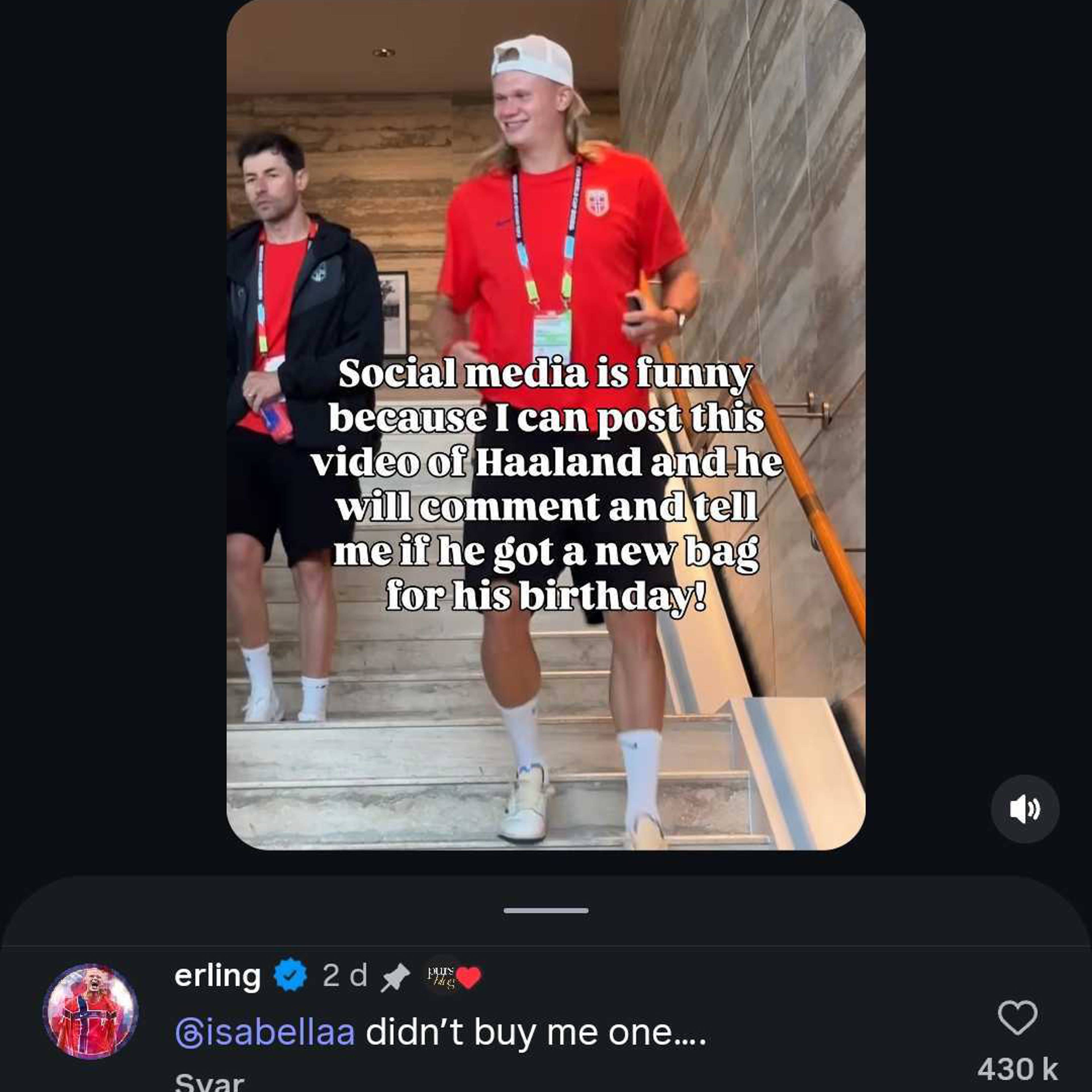 Bilde av at Haaland kommenterer på en Instagrampost