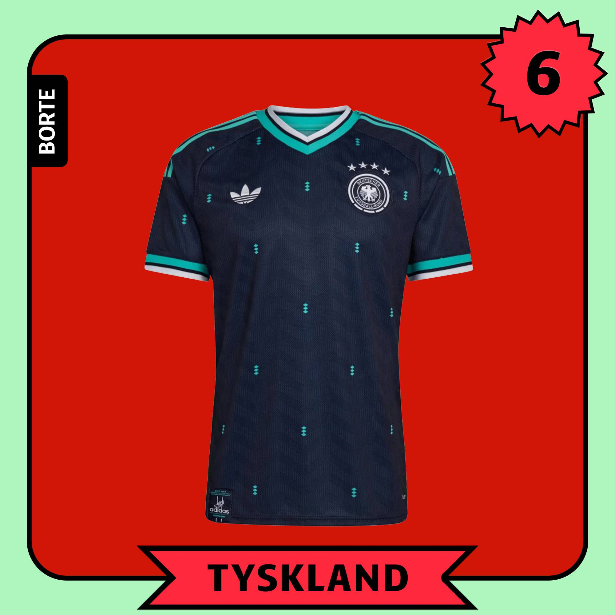 En blå fotballtrøye med turkise flekker og detaljer