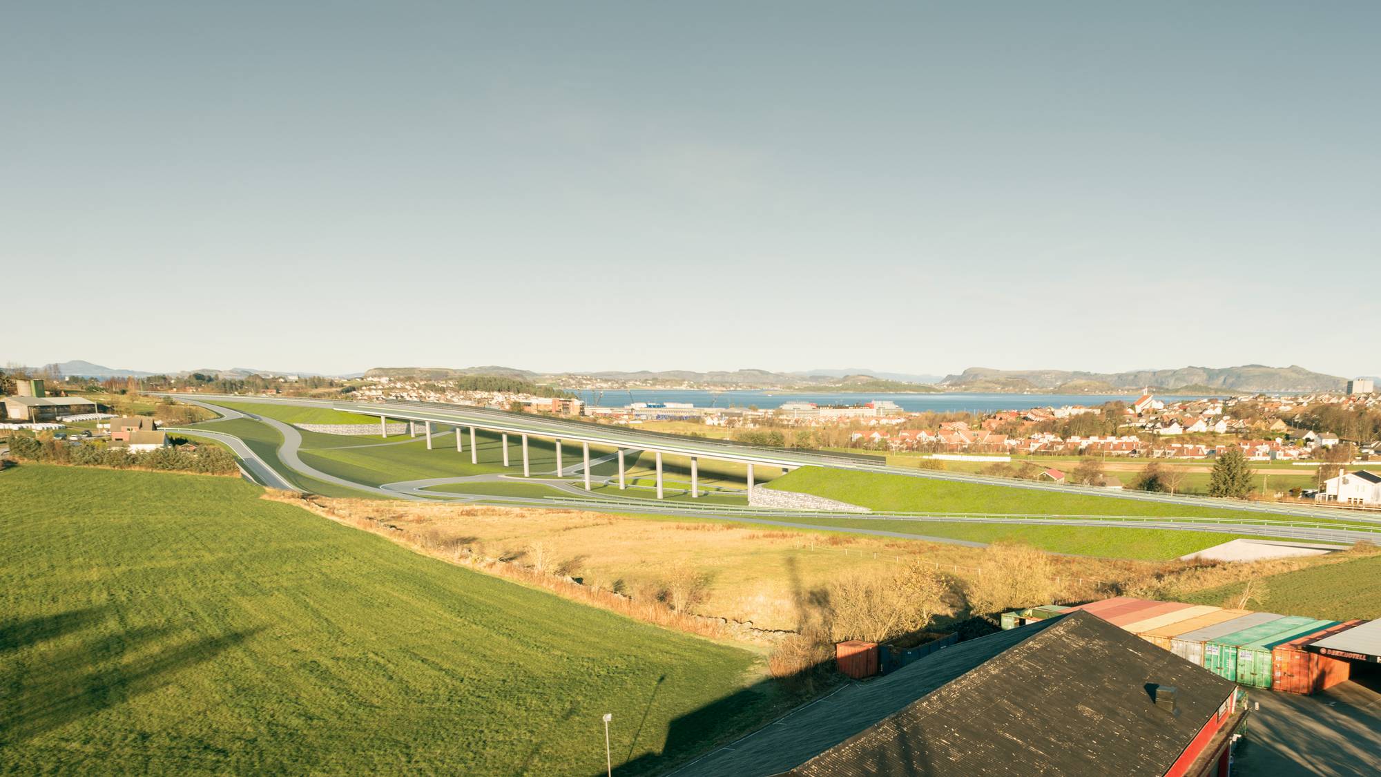 Illustrasjon av en planlagt vegbro i et landskapsområde ved en by og fjord. (Bildebeskrivelsen er laget av en KI-tjeneste)