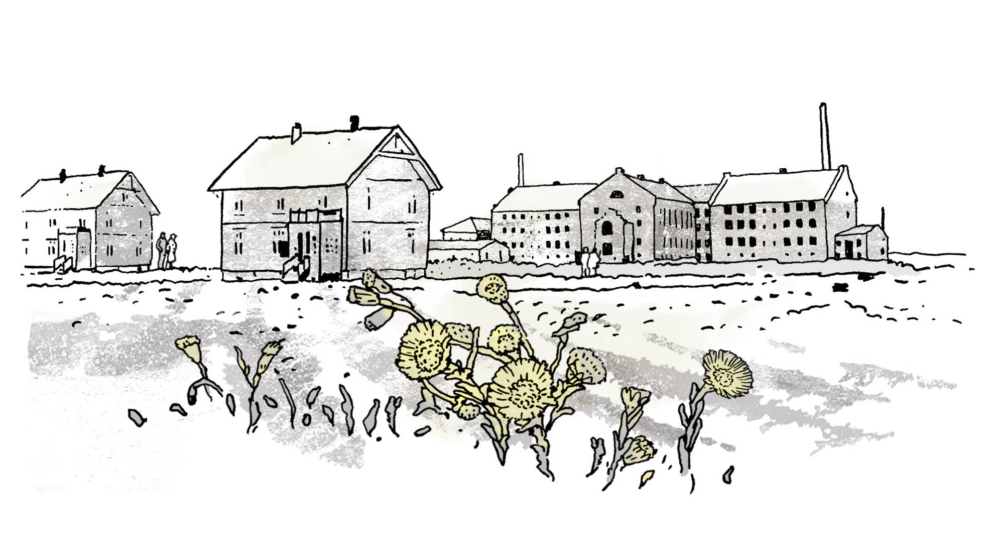 Tegning av hestehov utafor Opstad arbeidsleir på Jæren.