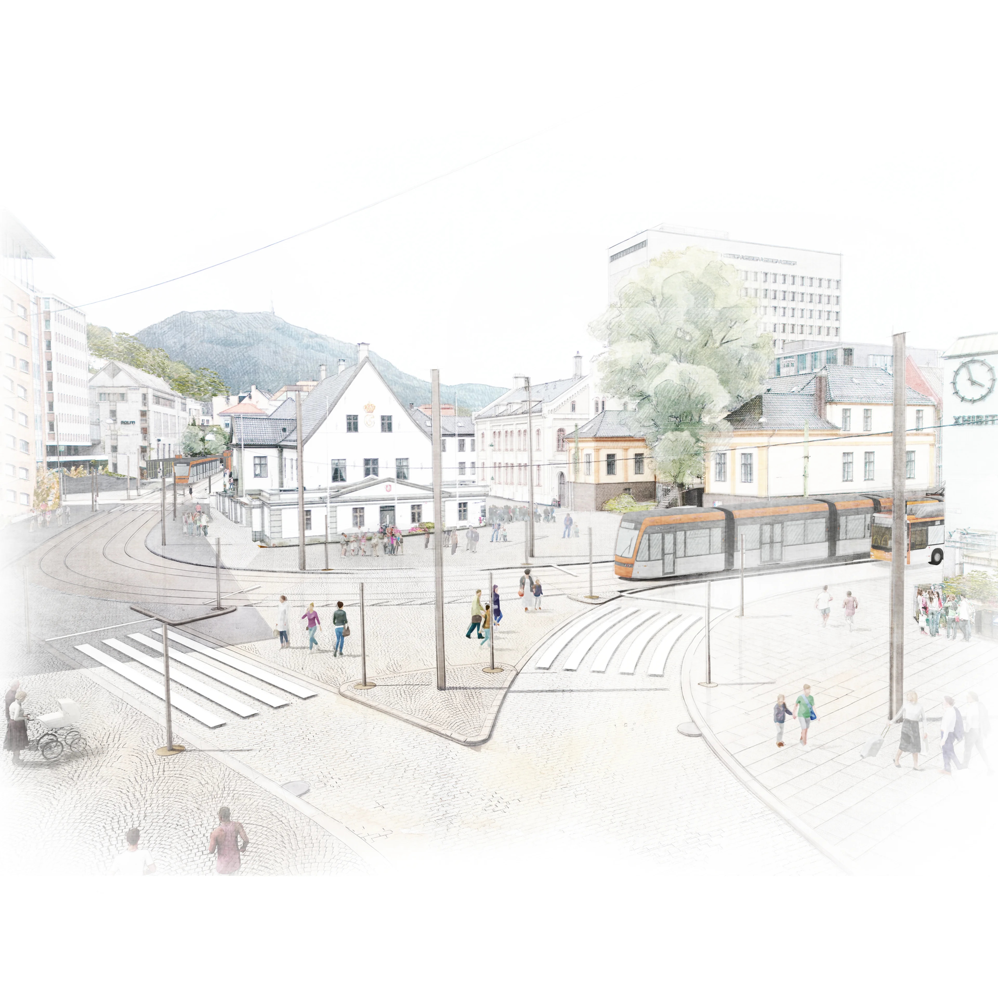 Illustrasjonsteikning av planlagd bybanetras frå Bergen sentrum til Åsane bydel: Ved Gamle rådhus.