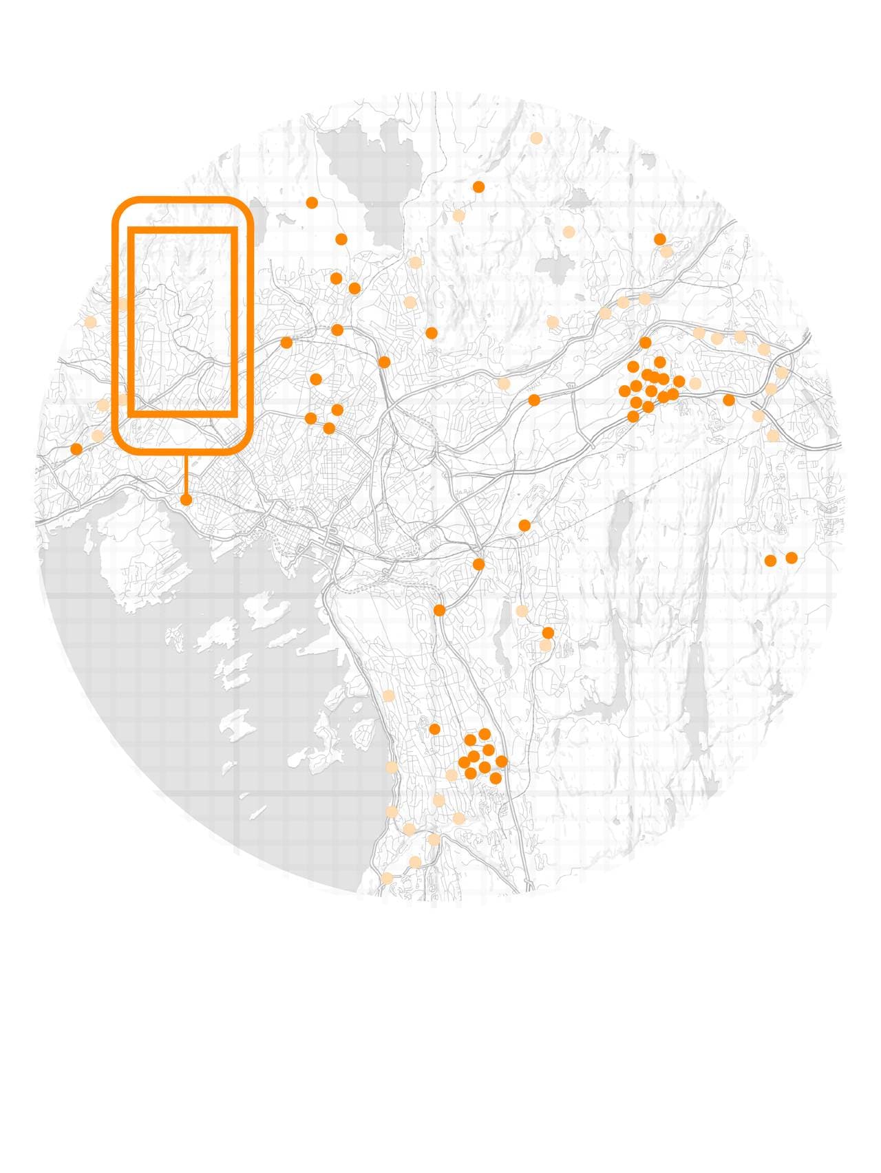 Noen av prikkene er uthevet og man ser at de tilhører én mobiltelefon.