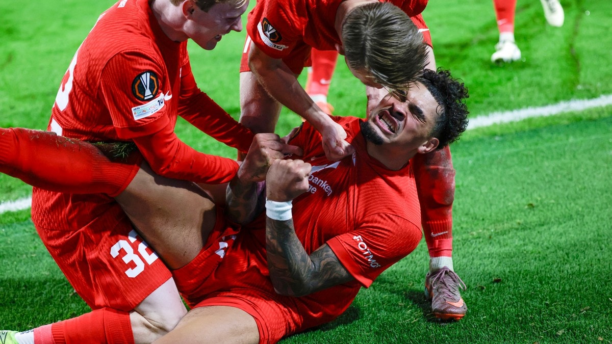 Branns Noah Holm jubler under UEFA Europa Leauge-kampen kampen mellom SK Brann og Rangers på Brann stadion. FOTO: Paul S. Amundsen/NTB