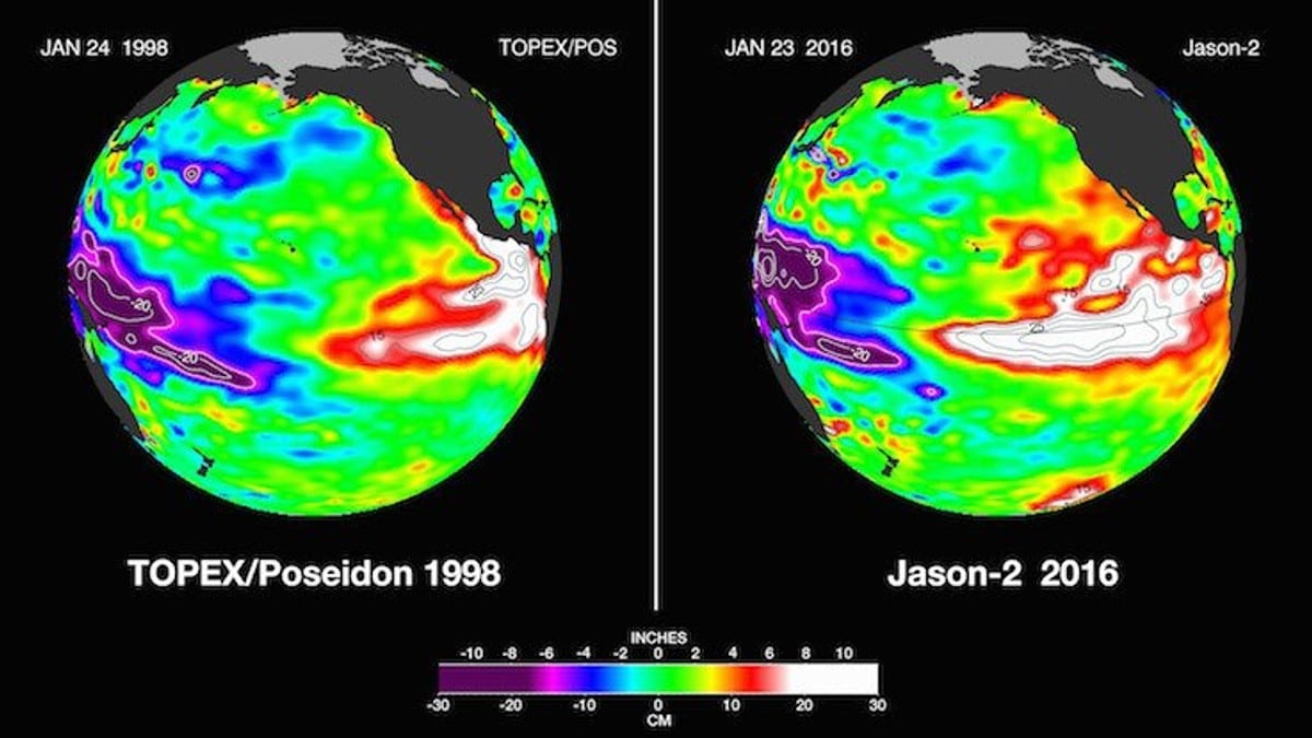 El Nino februar 1998 og 2016 - Foto: NASA/JPL-Caltech