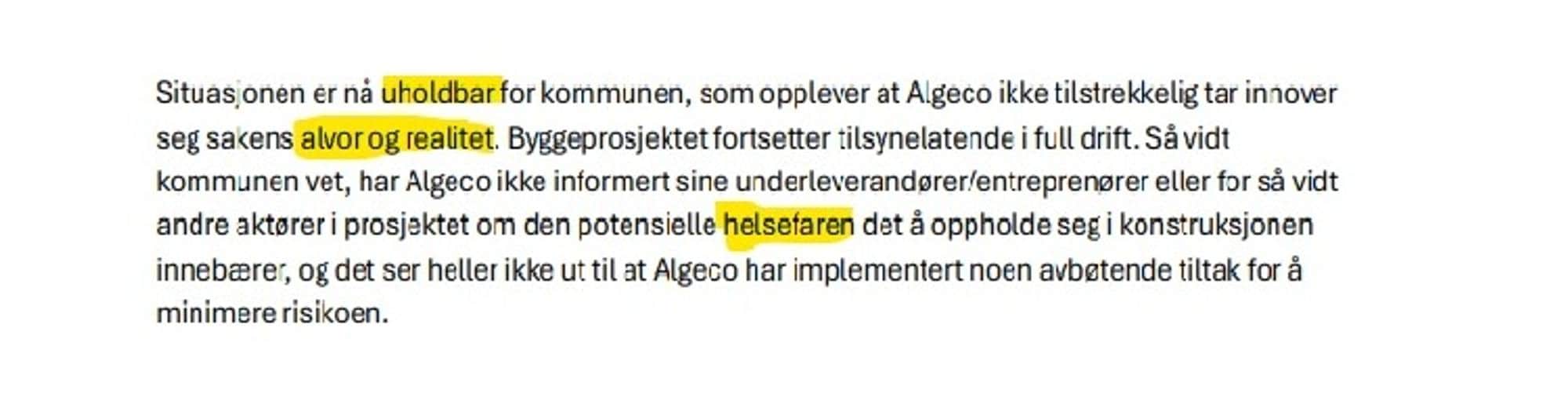 Brev fra Stavanger kommune til Algeco.