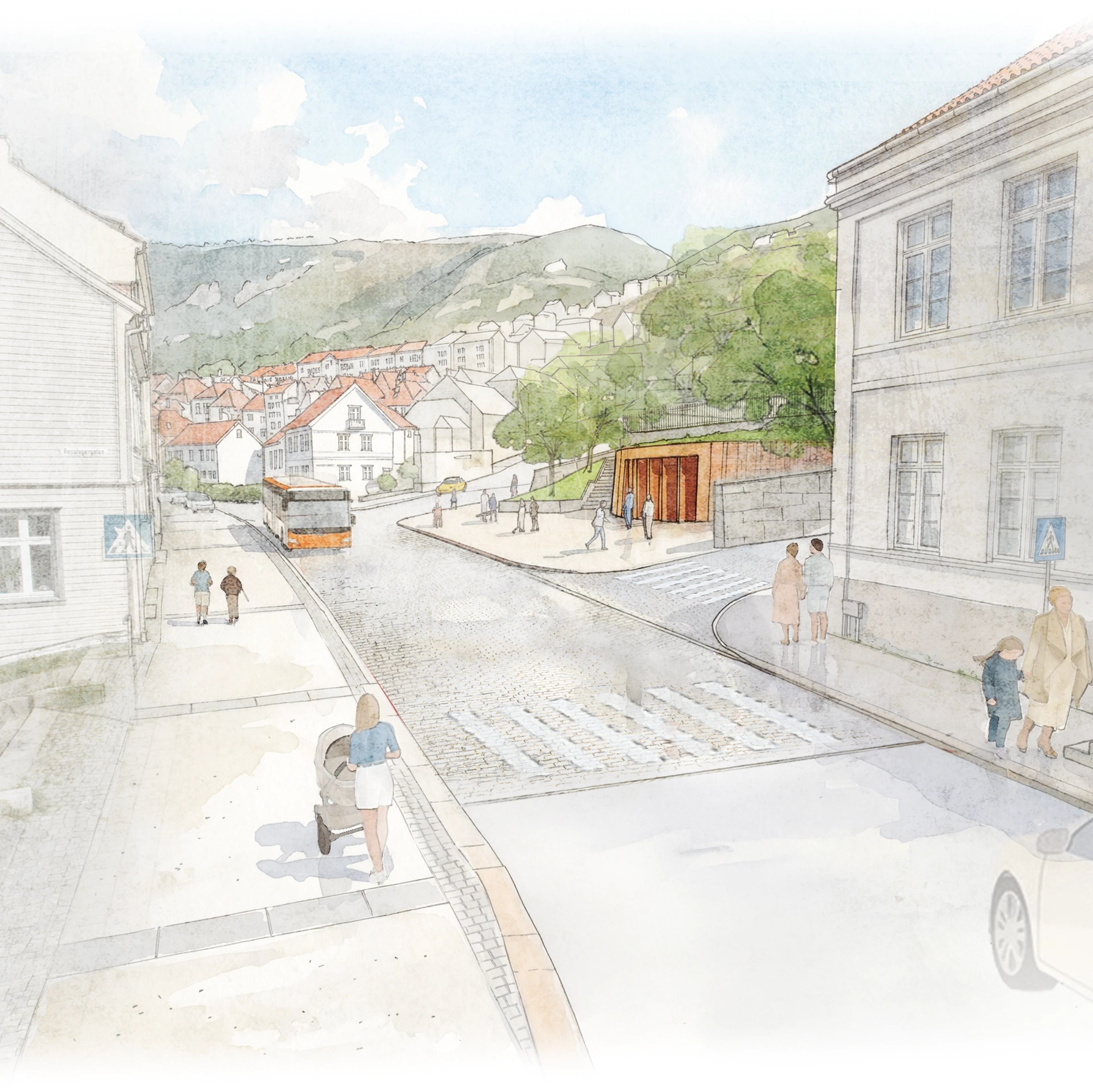 Illustrasjonsteikning av planlagd bybanetrase frå Bergen sentrum til Åsane bydel: Bybaneutgang i Ladegårdsgaten.