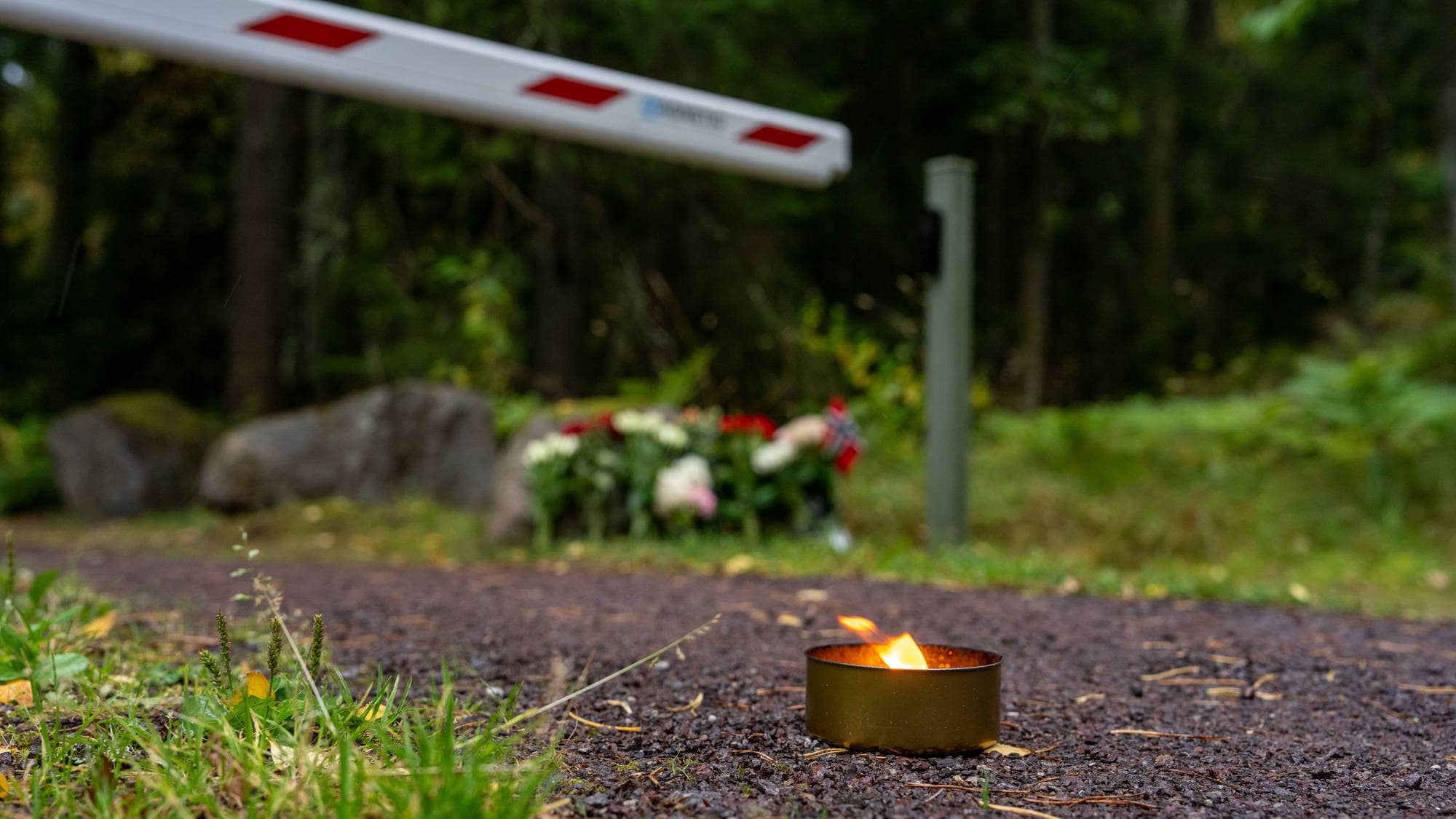 En fakkel i front med blomster i bakgrunnen på en vei, for kong Harald.