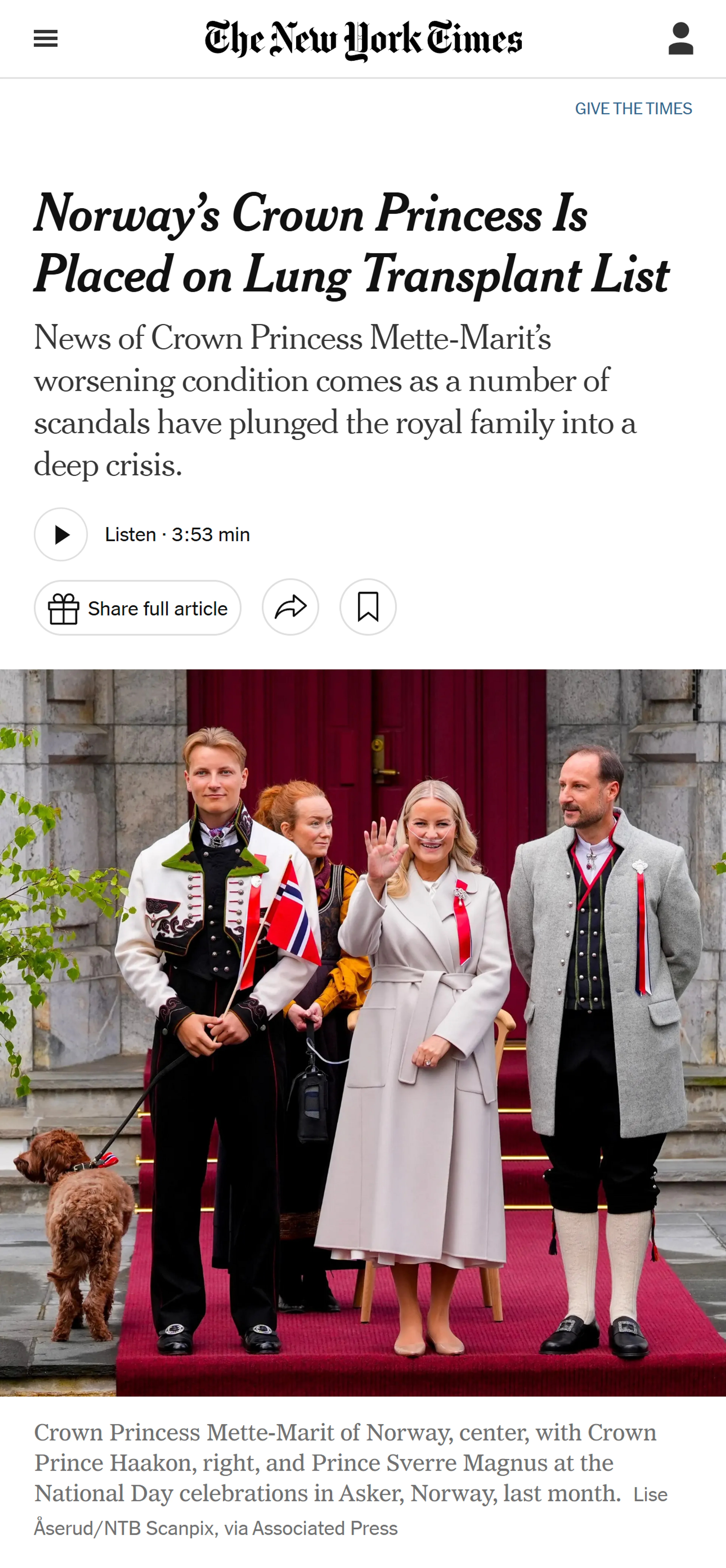 New York Times skriver: Norges kronprinsesse er satt på lungetransplantasjonsliste