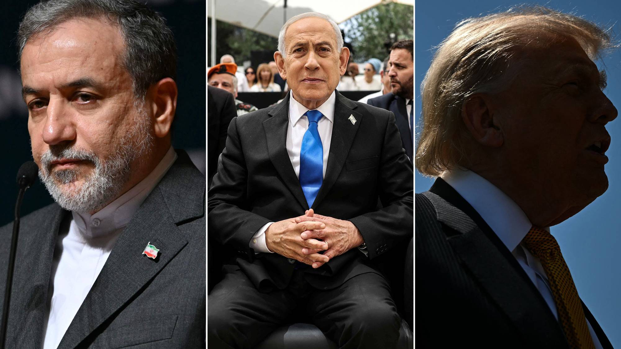 Kollasj med bilder av Benjamin Netanyahu, Abbas Araghchi og Donald Trump.