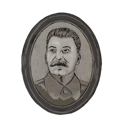 Tegning av et portrett av Stalin i oval ramme.