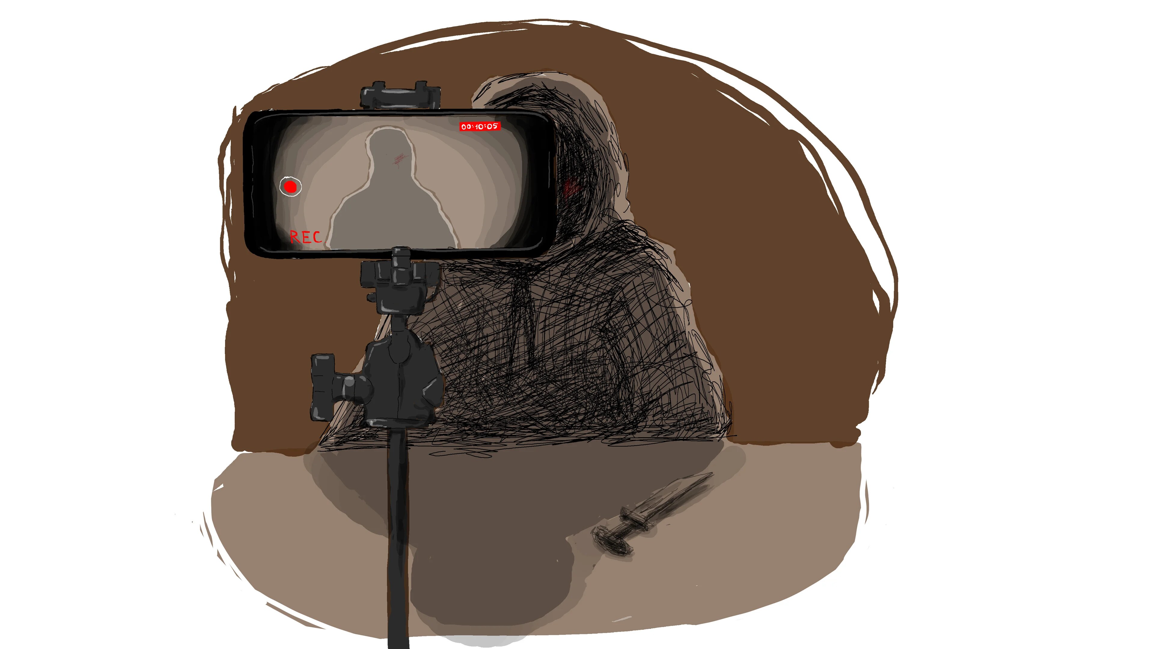 Illustrasojn av en mobil på stativ som filmer en person som sitter i et mørkt rom. Personen er utydelig og er som en skygge. Vi ser både personen i rommet og på skjermen. På bordet foran personen ligger det en kniv. Vi aner litt blod på kinnet til personen. Illustrasjonen er i brunlige og grå toner.